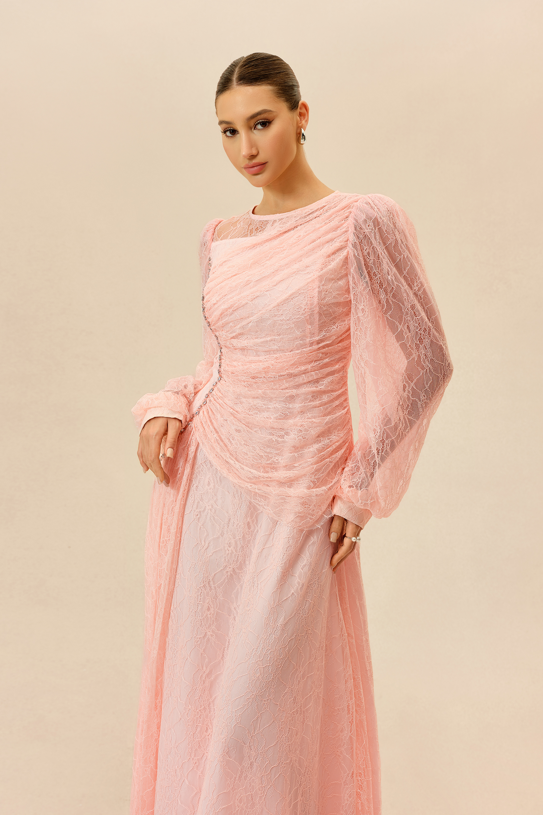 Irresistible Charm Pink Ruched Bodice Sheer Lace Maxi Dress
