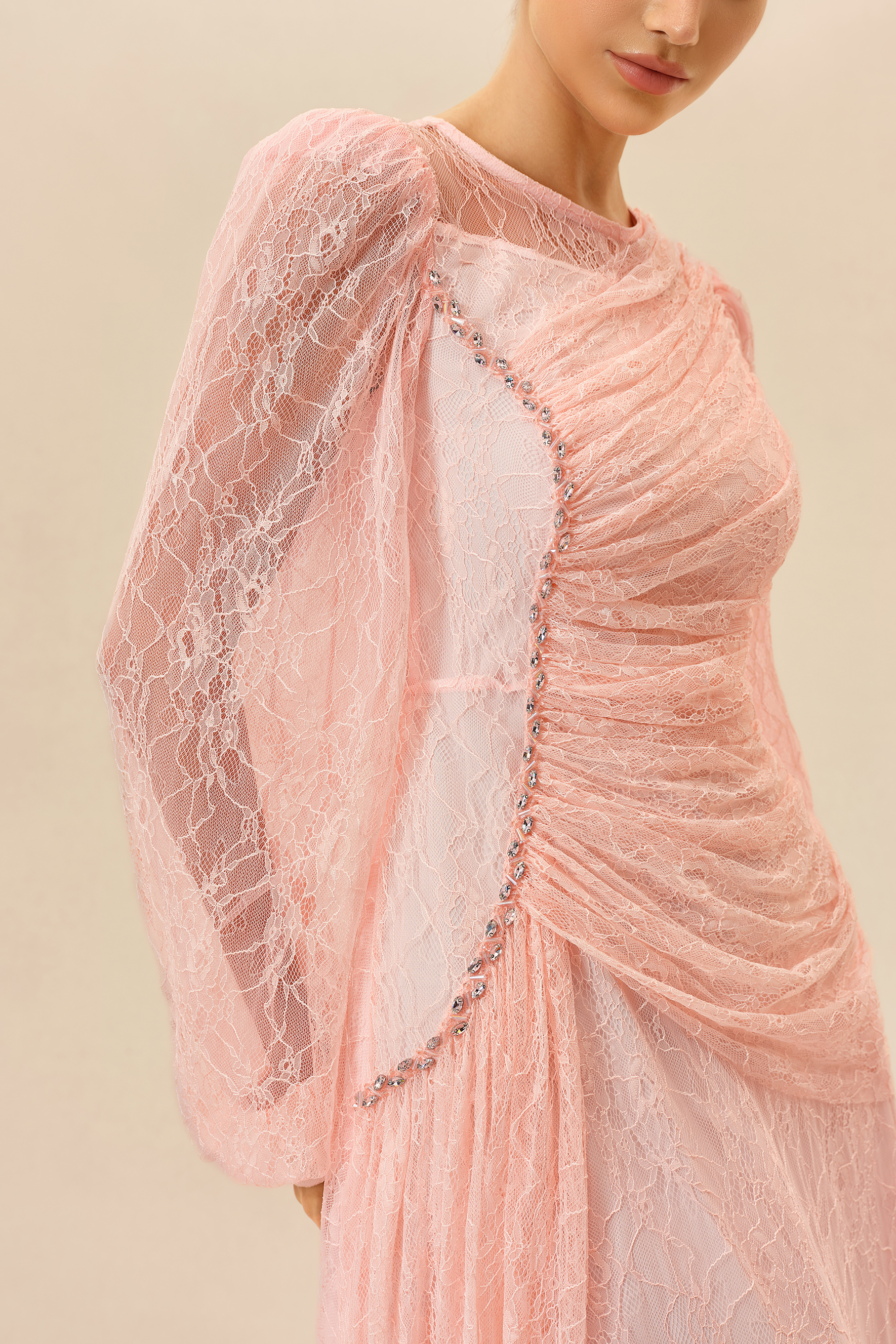 Irresistible Charm Pink Ruched Bodice Sheer Lace Maxi Dress