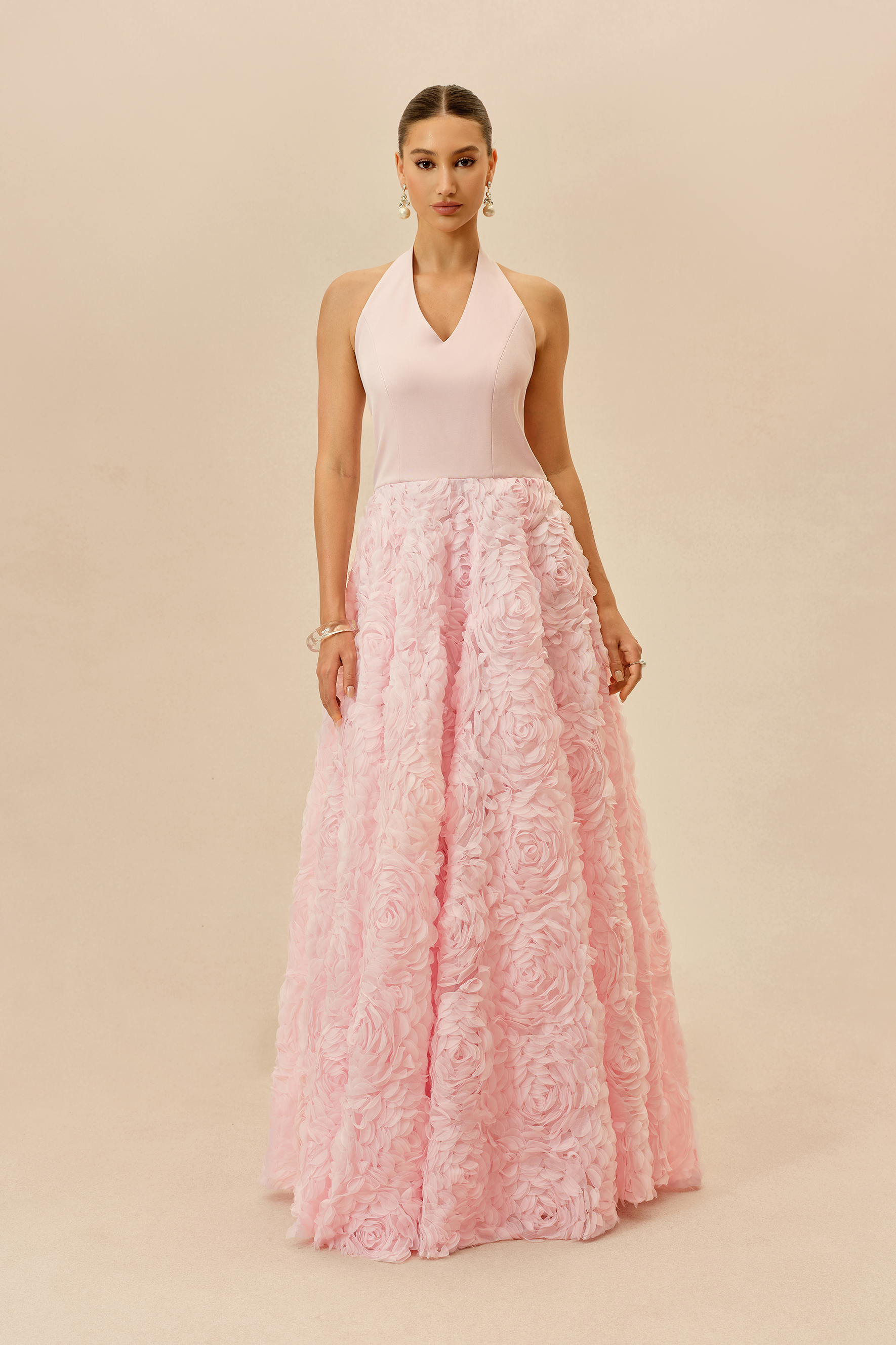 Born To Charm Pink Halter Neck Floral Applique Maxi Dress