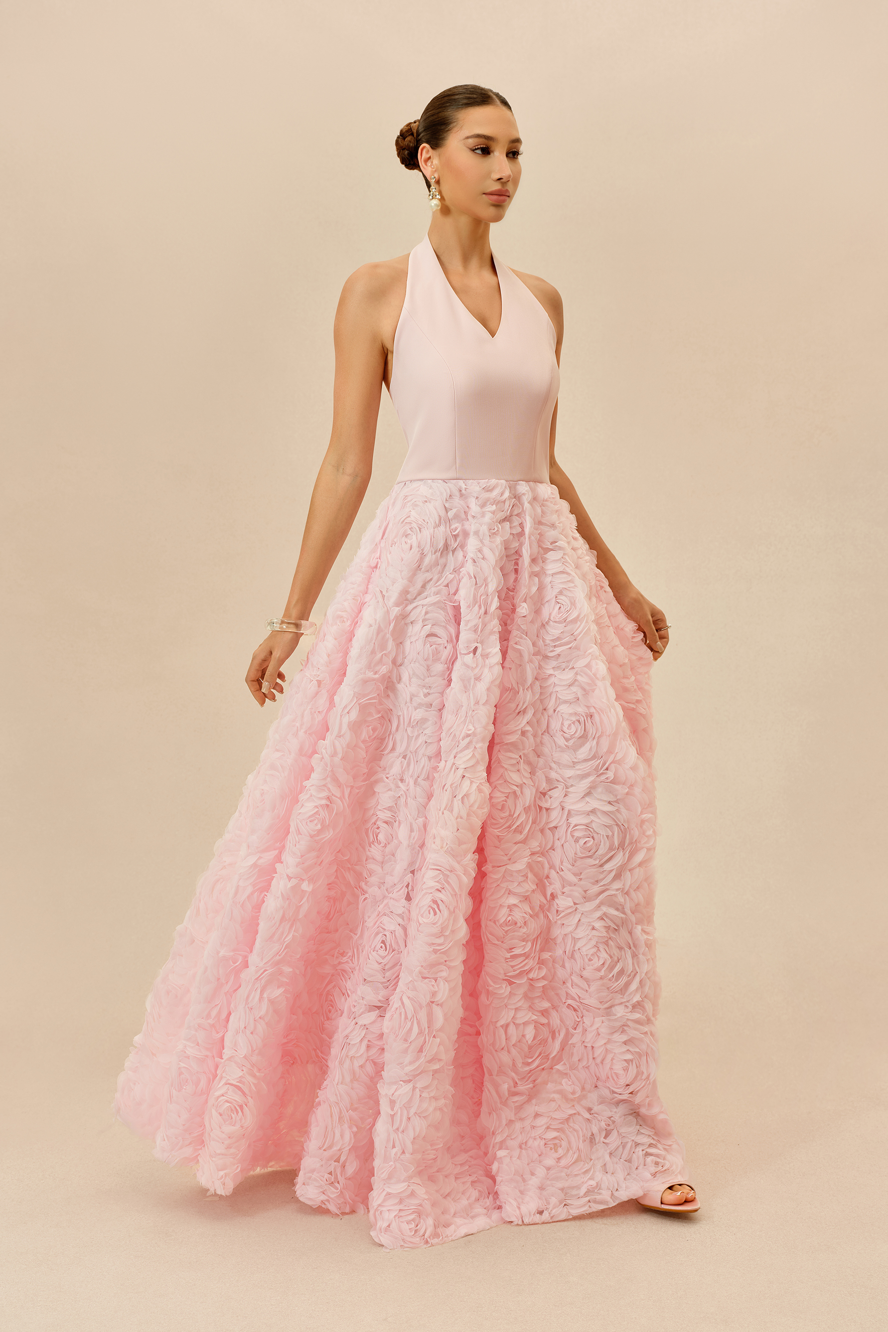 Born To Charm Pink Halter Neck Floral Applique Maxi Dress