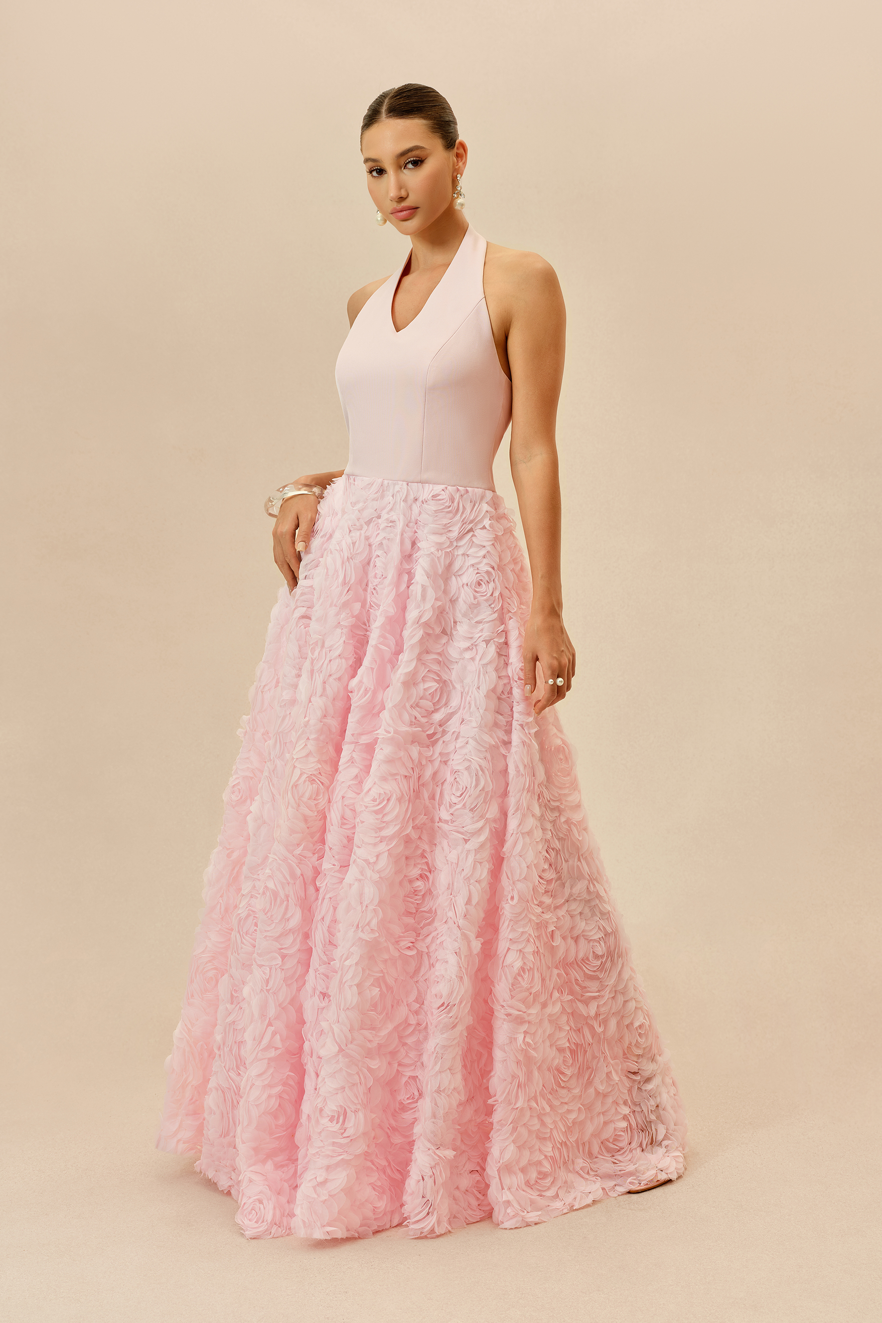 Born To Charm Pink Halter Neck Floral Applique Maxi Dress