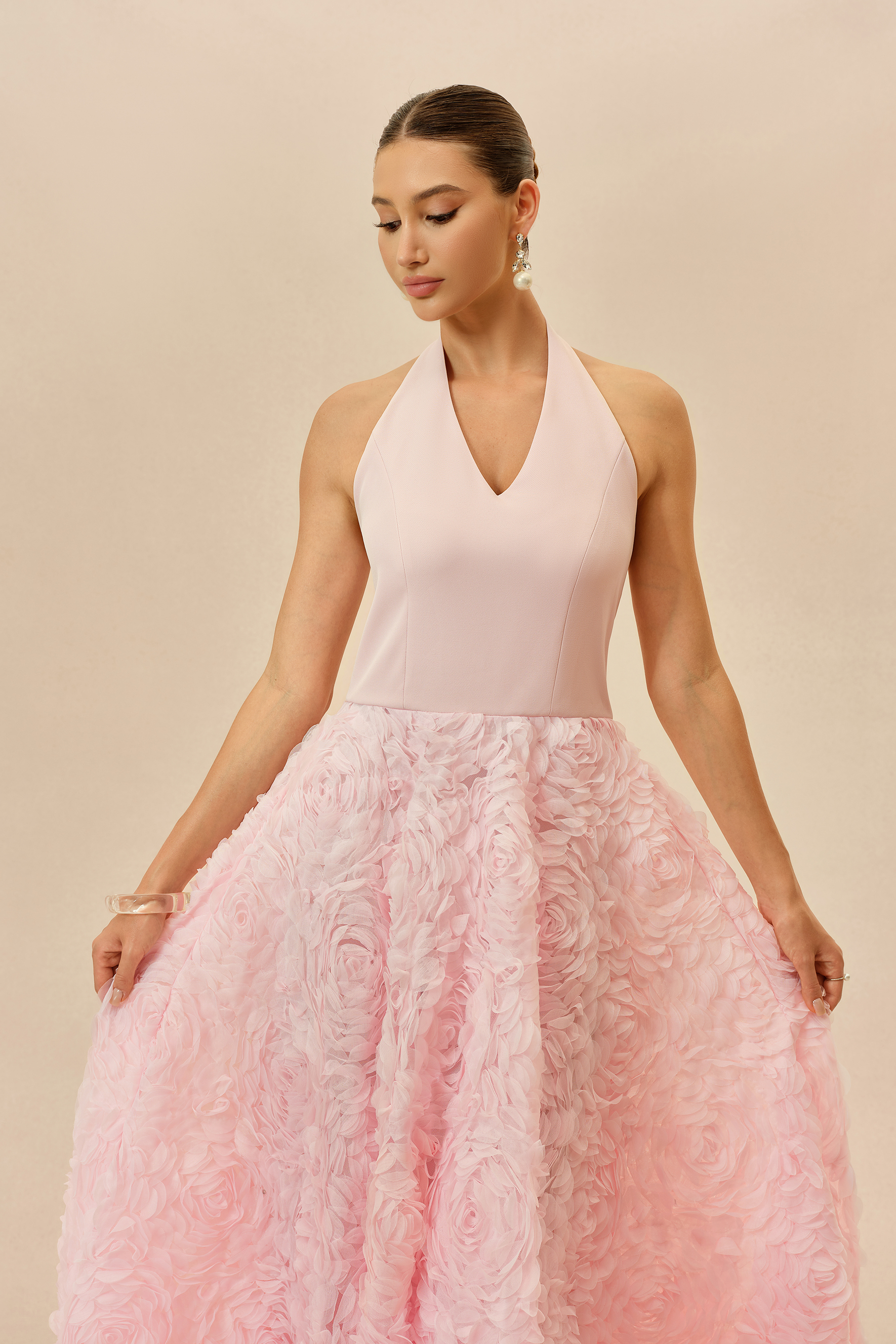 Born To Charm Pink Halter Neck Floral Applique Maxi Dress