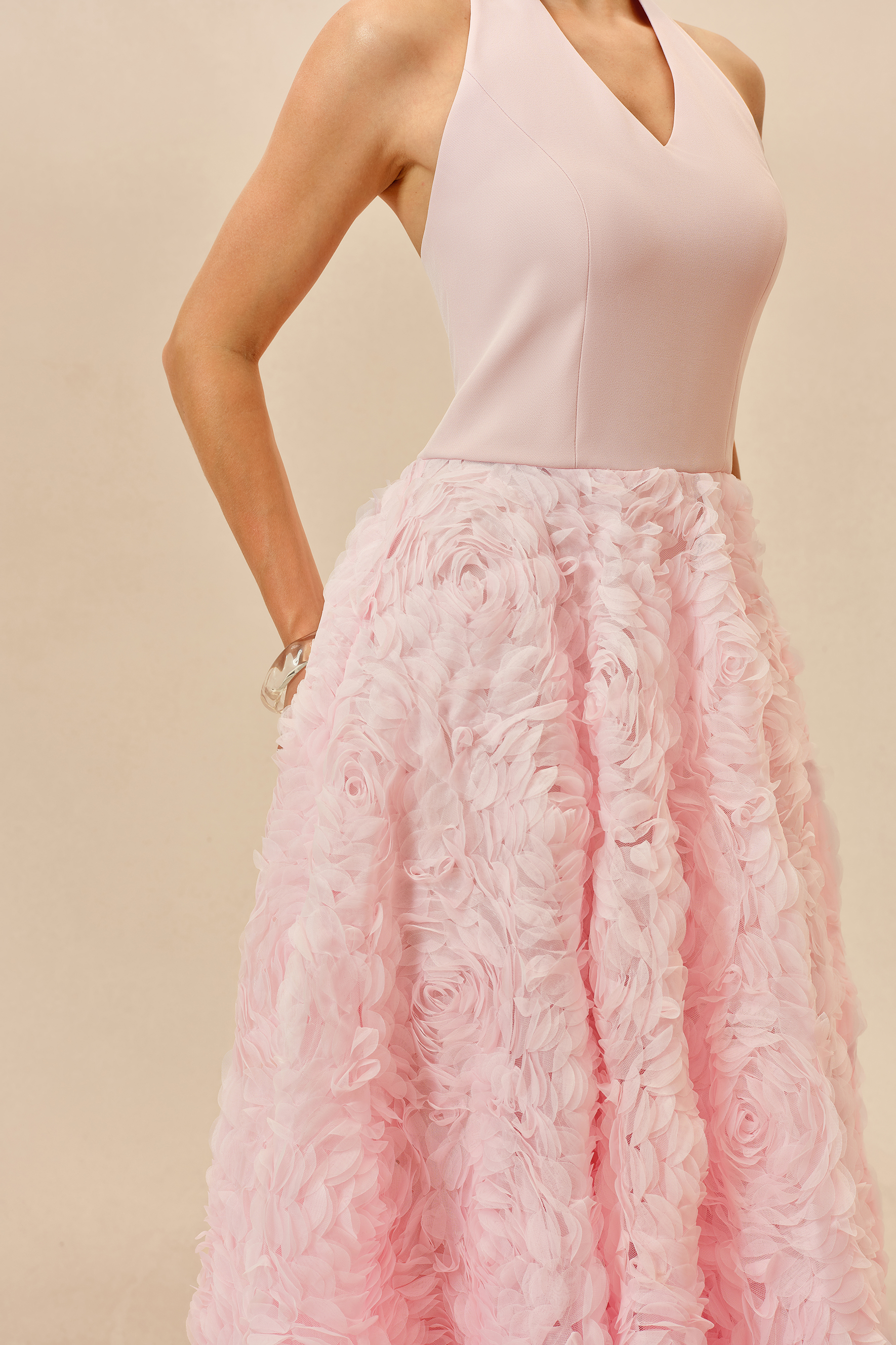 Born To Charm Pink Halter Neck Floral Applique Maxi Dress