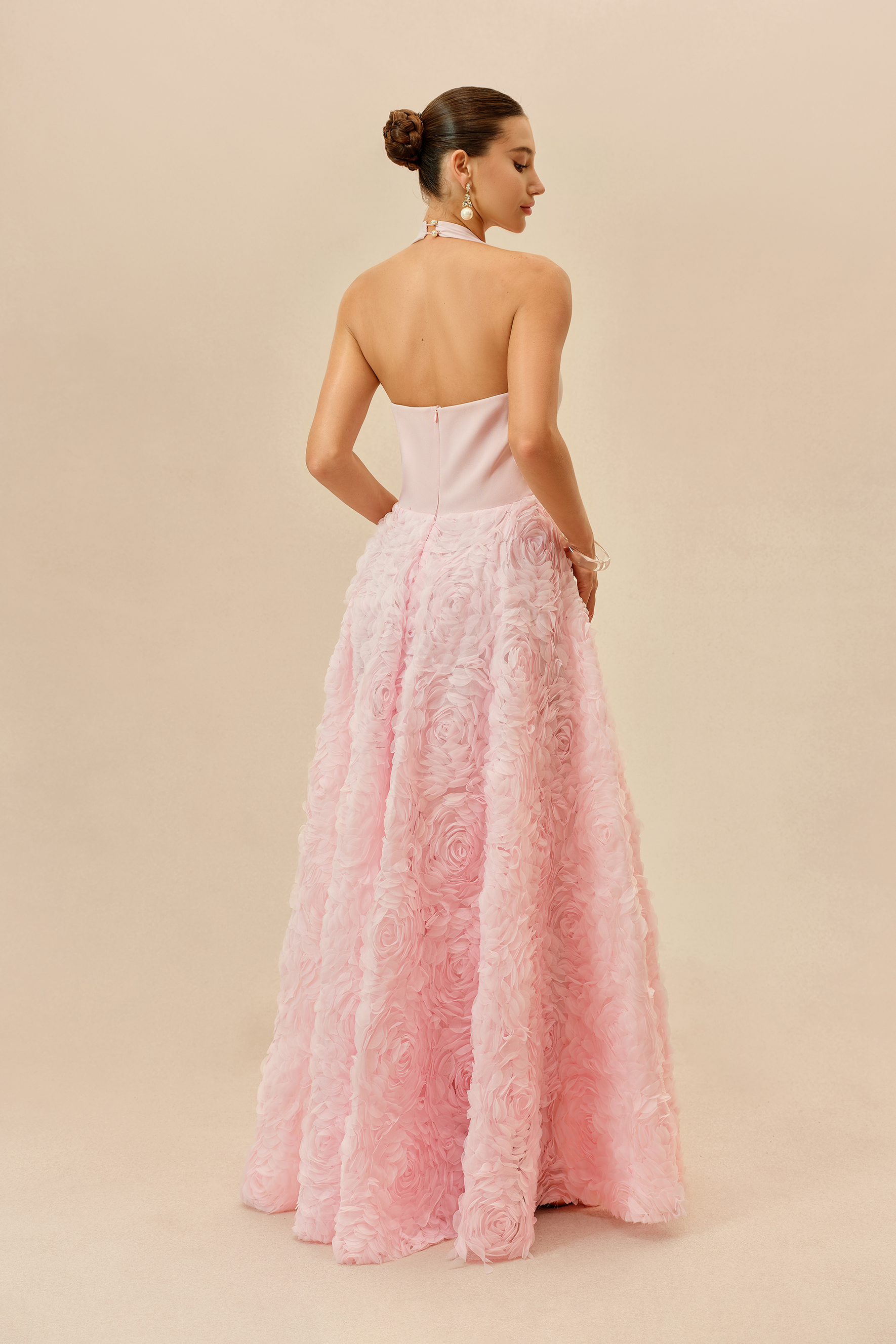 Born To Charm Pink Halter Neck Floral Applique Maxi Dress