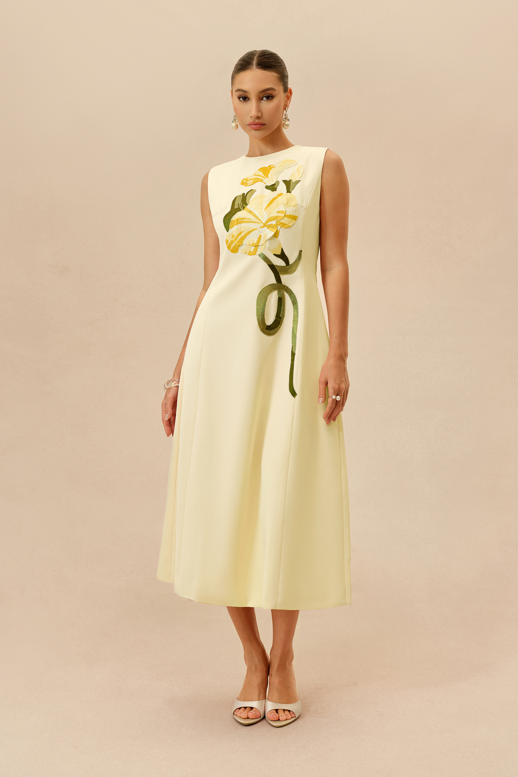 Feels Like Spring Light Yellow Sleeveless Floral Embroidery Midi Dress