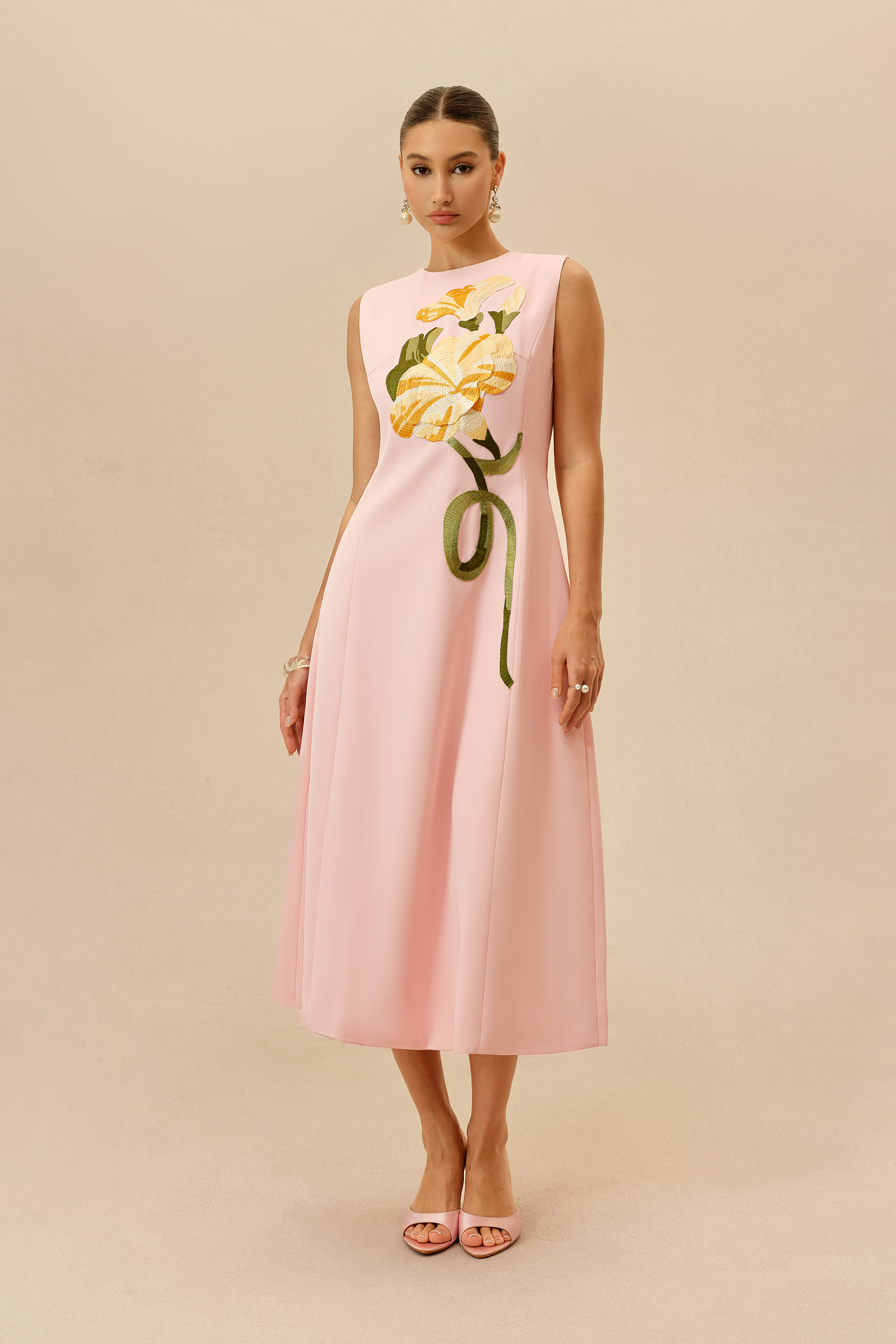Feels Like Spring Pink Sleeveless Floral Embroidery Midi Dress