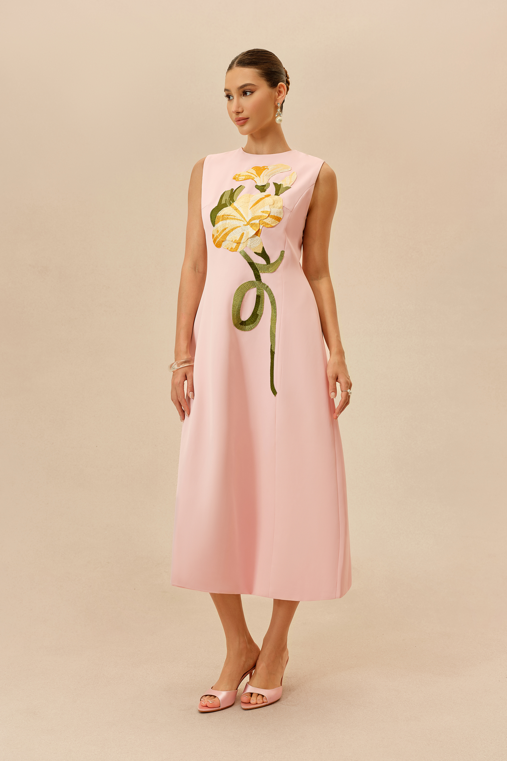 Feels Like Spring Pink Sleeveless Floral Embroidery Midi Dress