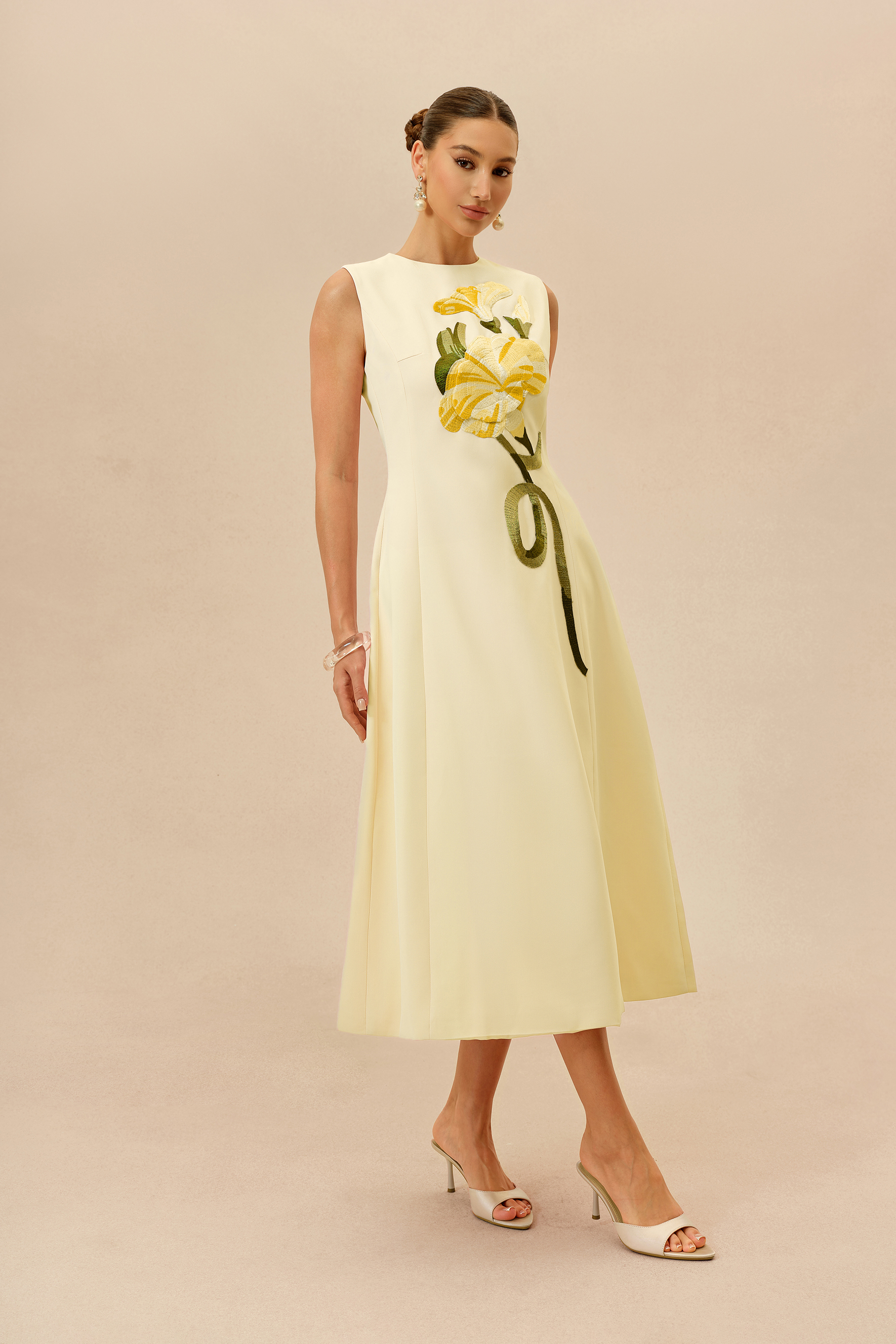 Feels Like Spring Light Yellow Sleeveless Floral Embroidery Midi Dress