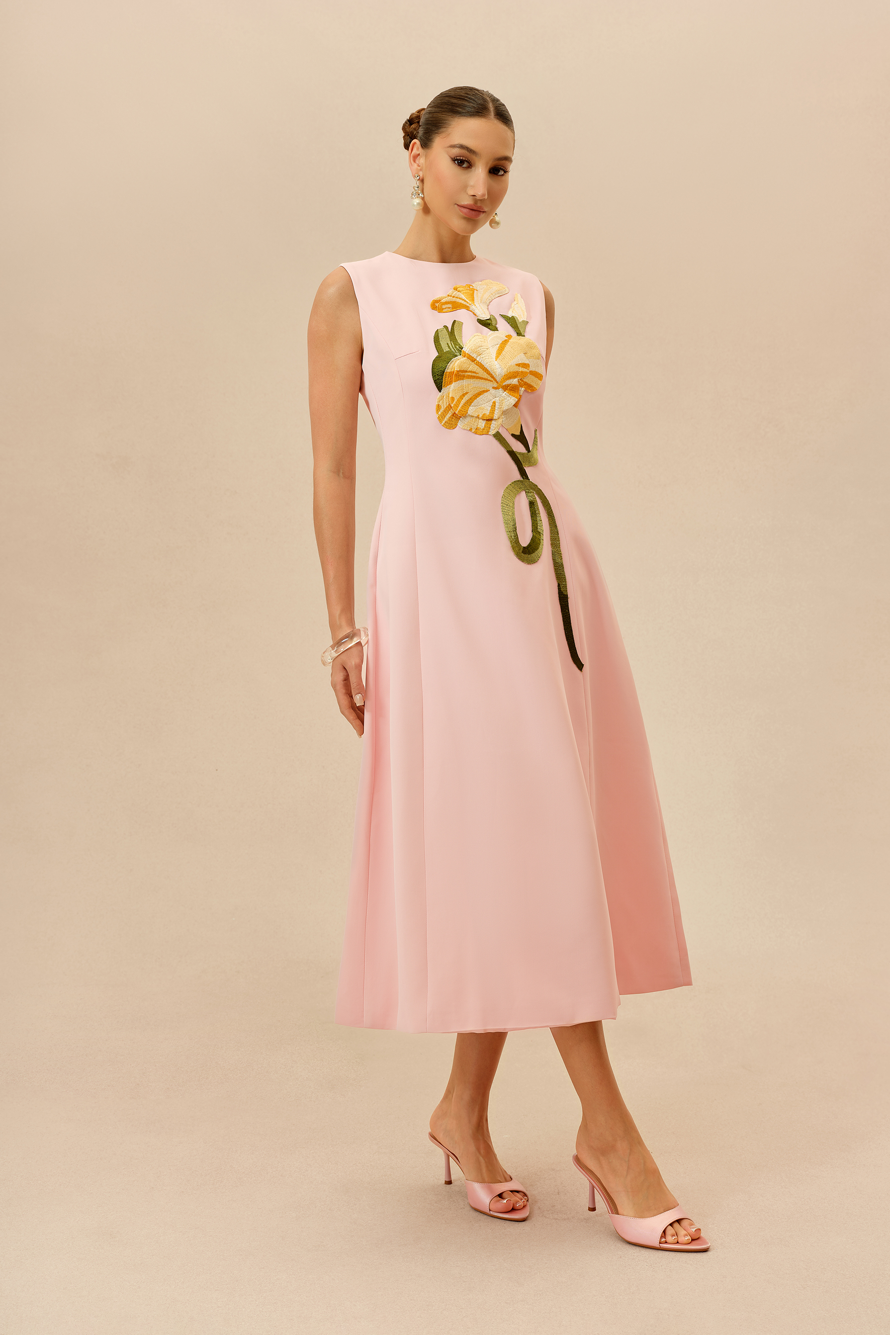 Feels Like Spring Pink Sleeveless Floral Embroidery Midi Dress