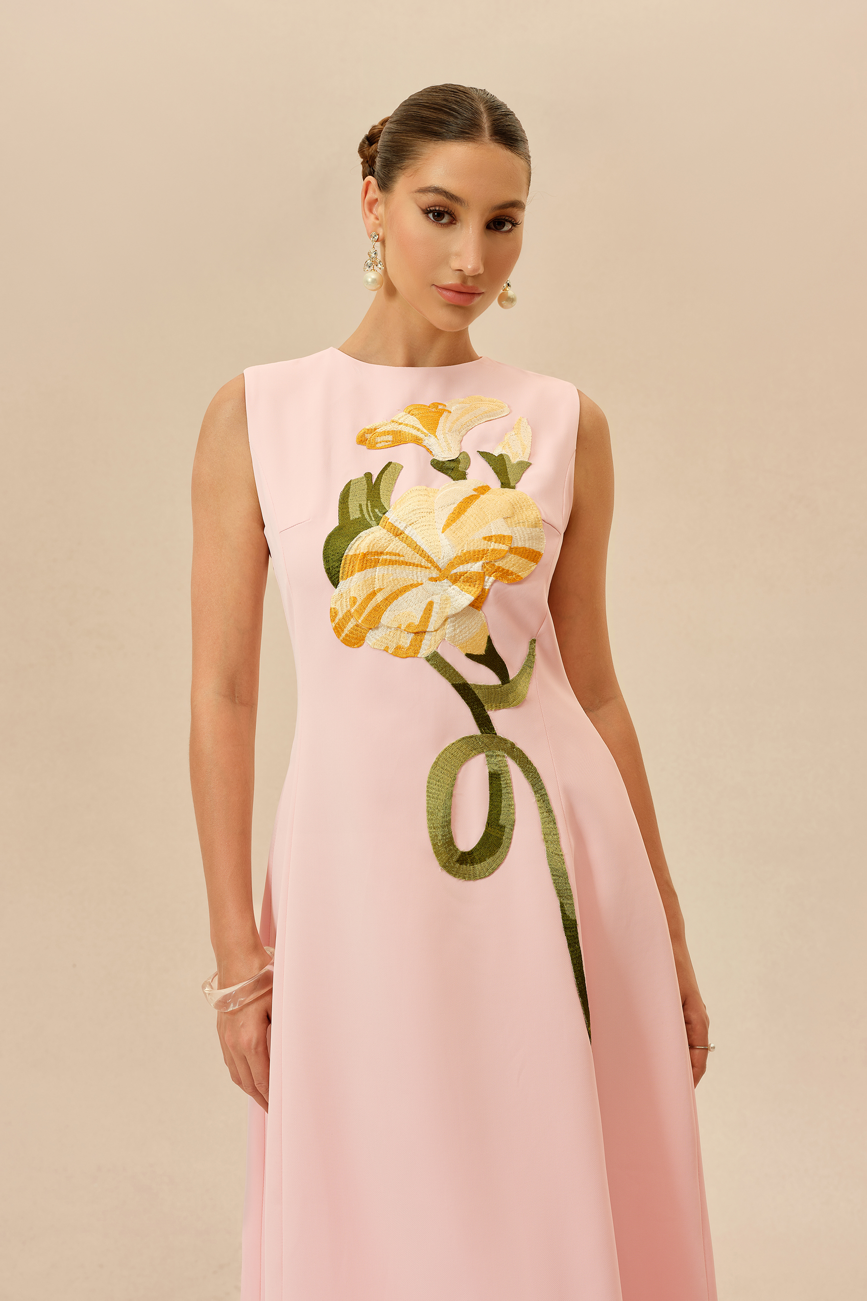 Feels Like Spring Pink Sleeveless Floral Embroidery Midi Dress