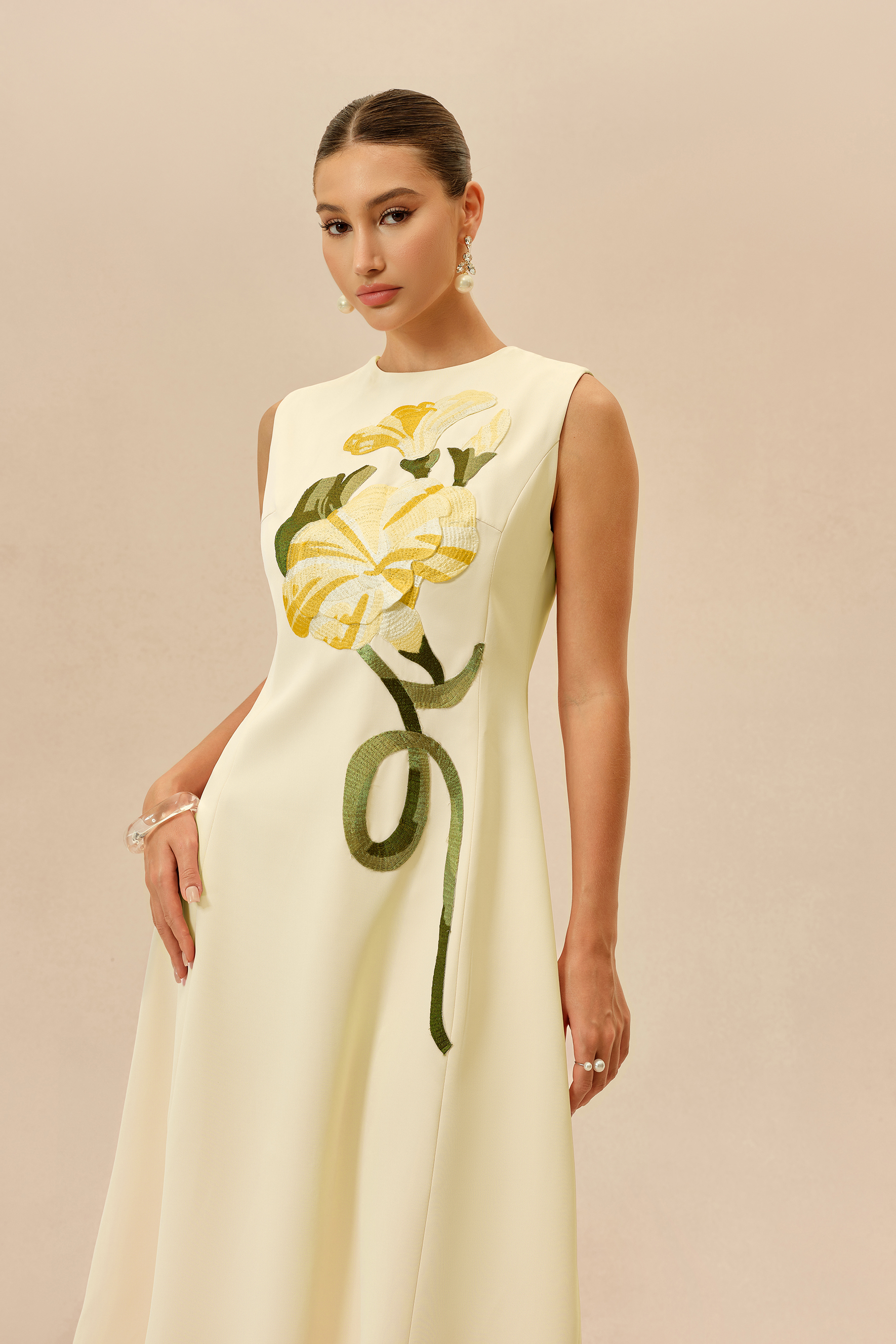 Feels Like Spring Light Yellow Sleeveless Floral Embroidery Midi Dress