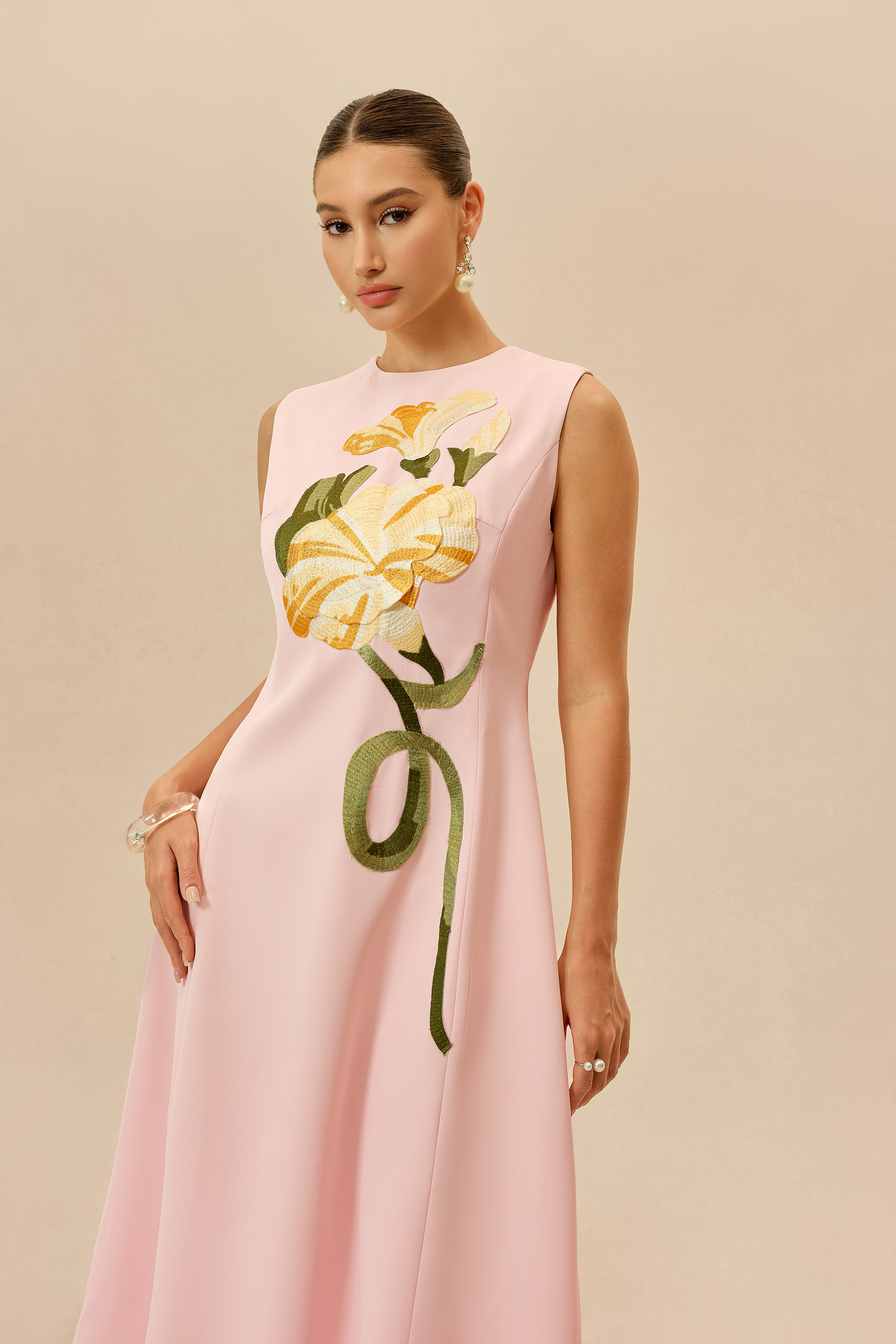 Feels Like Spring Pink Sleeveless Floral Embroidery Midi Dress