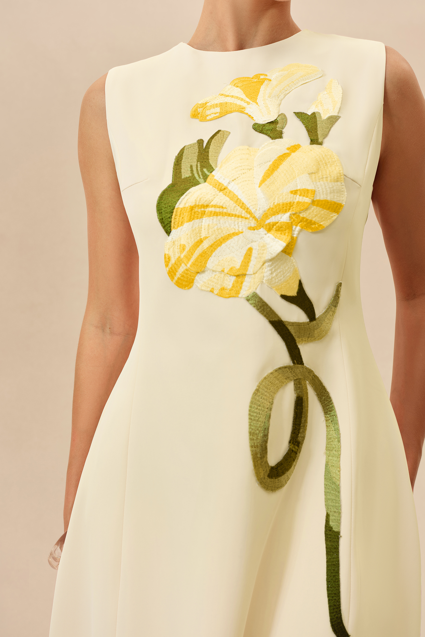 Feels Like Spring Light Yellow Sleeveless Floral Embroidery Midi Dress