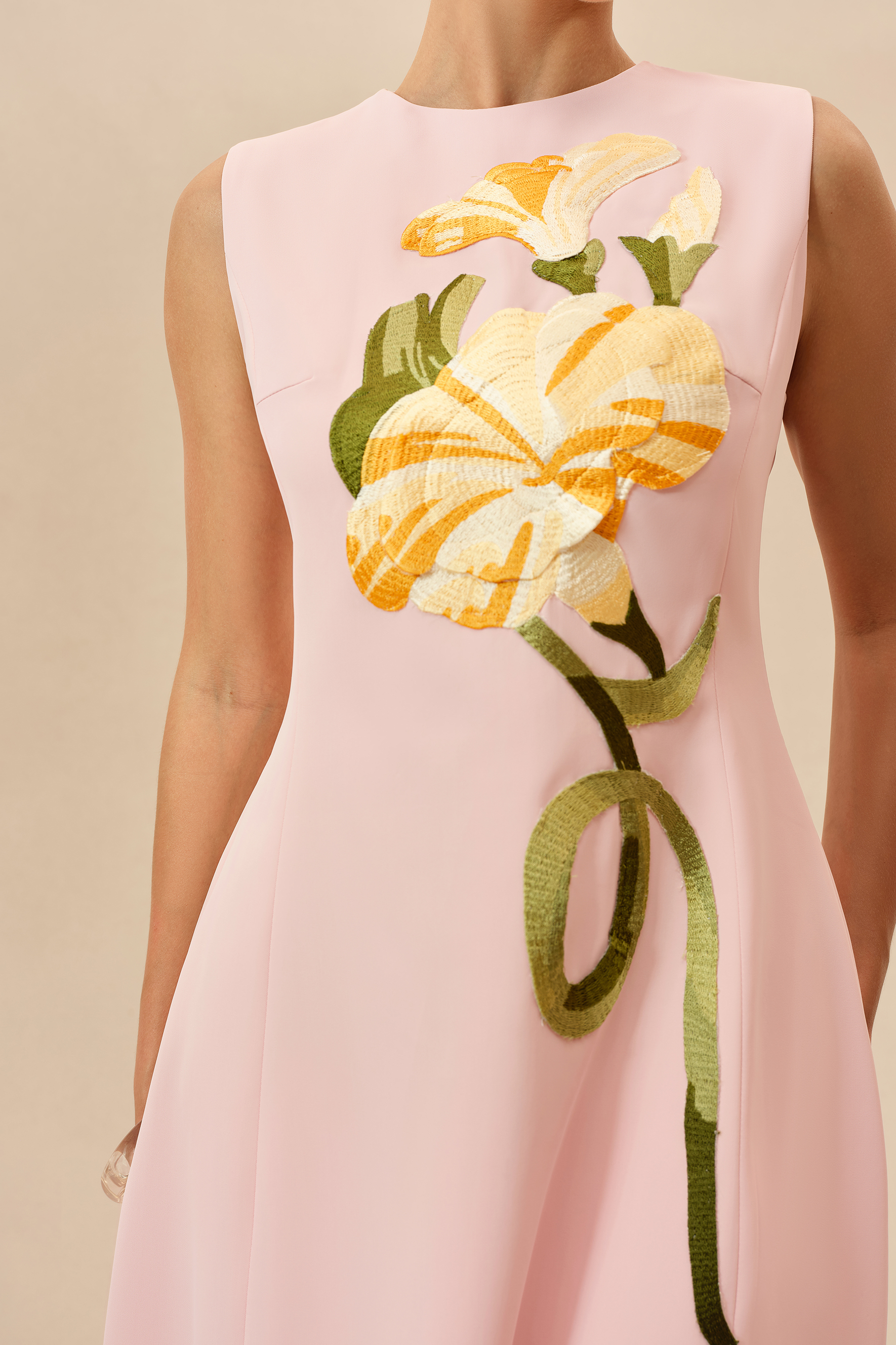 Feels Like Spring Pink Sleeveless Floral Embroidery Midi Dress
