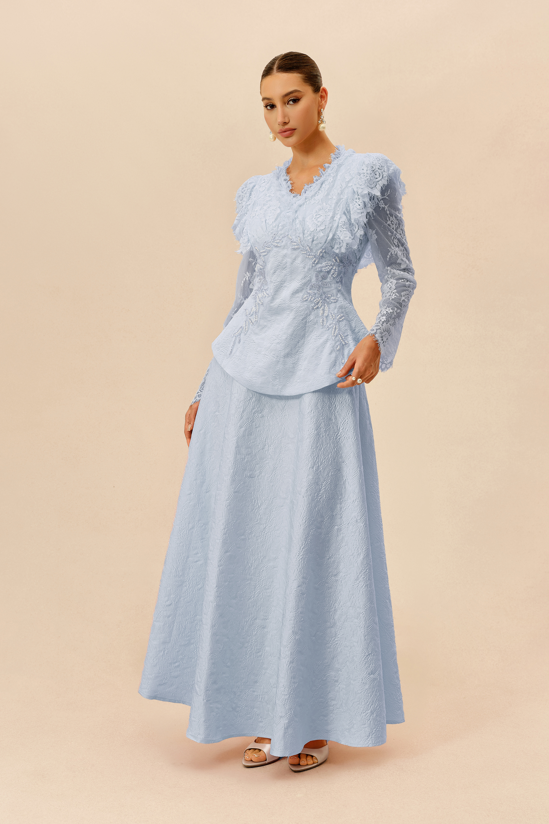 First Impression Blue Beaded Embroidery Jacket & Skirt Set