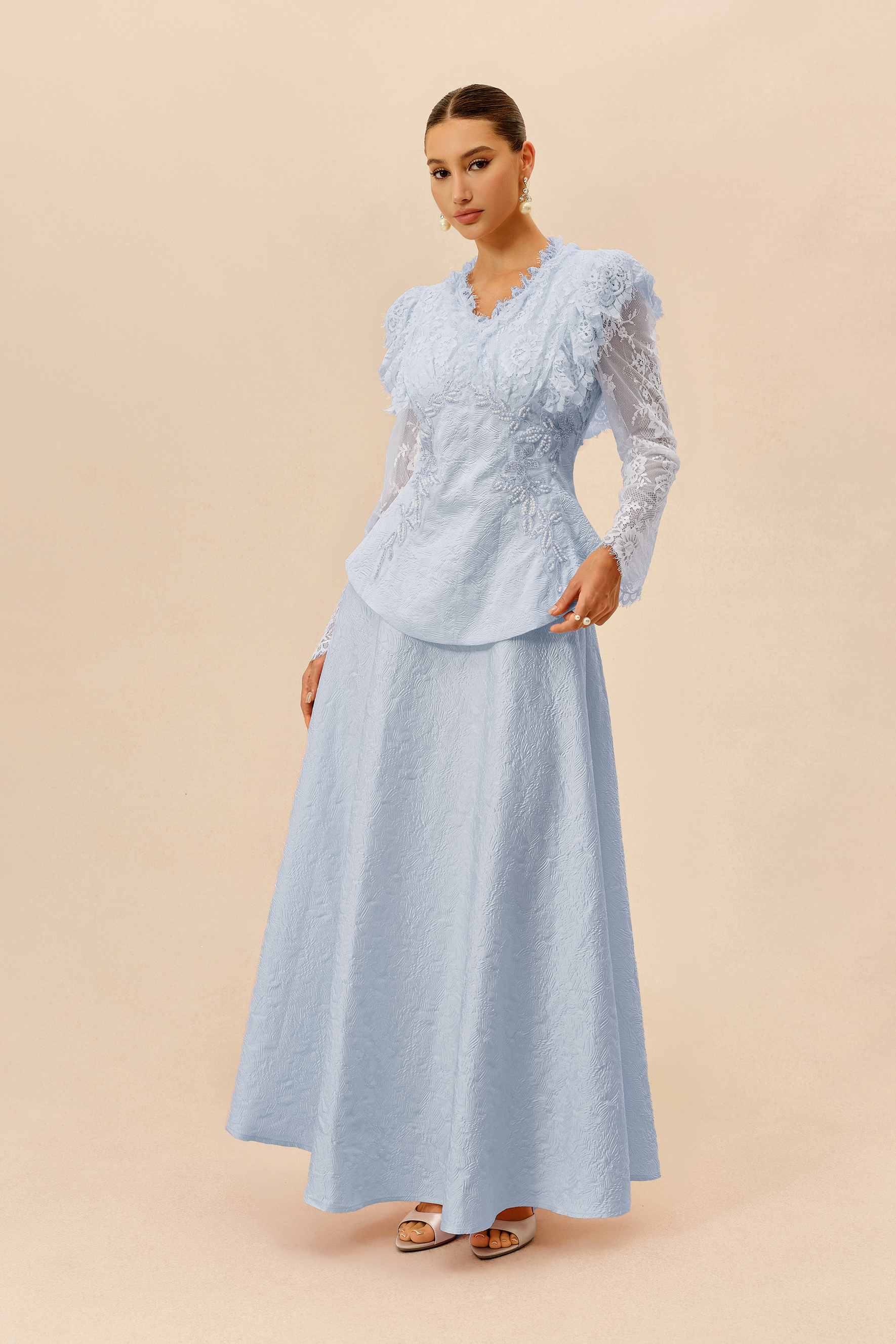 First Impression Blue Beaded Embroidery Jacket & Skirt Set