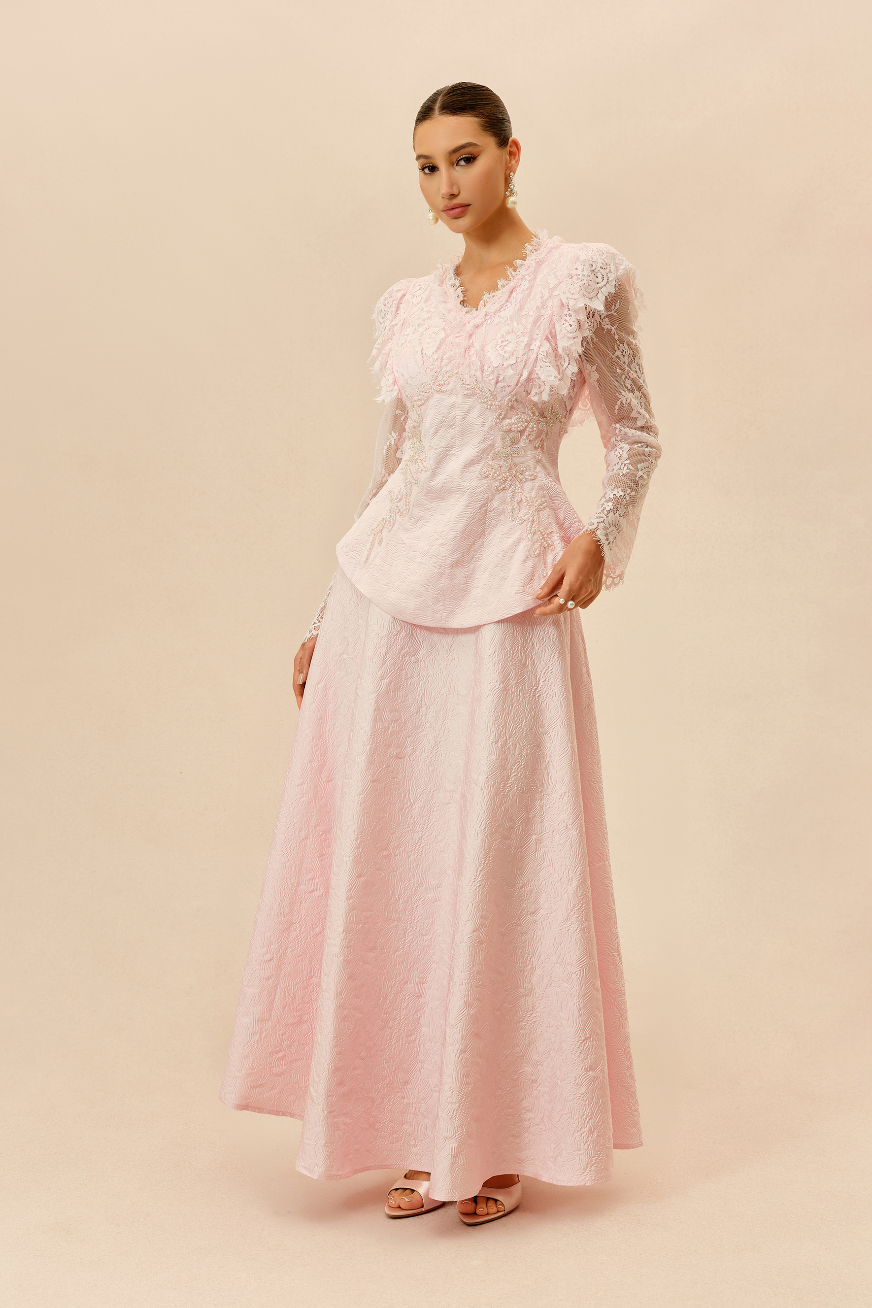 First Impression Pink Beaded Embroidery Jacket & Skirt Set