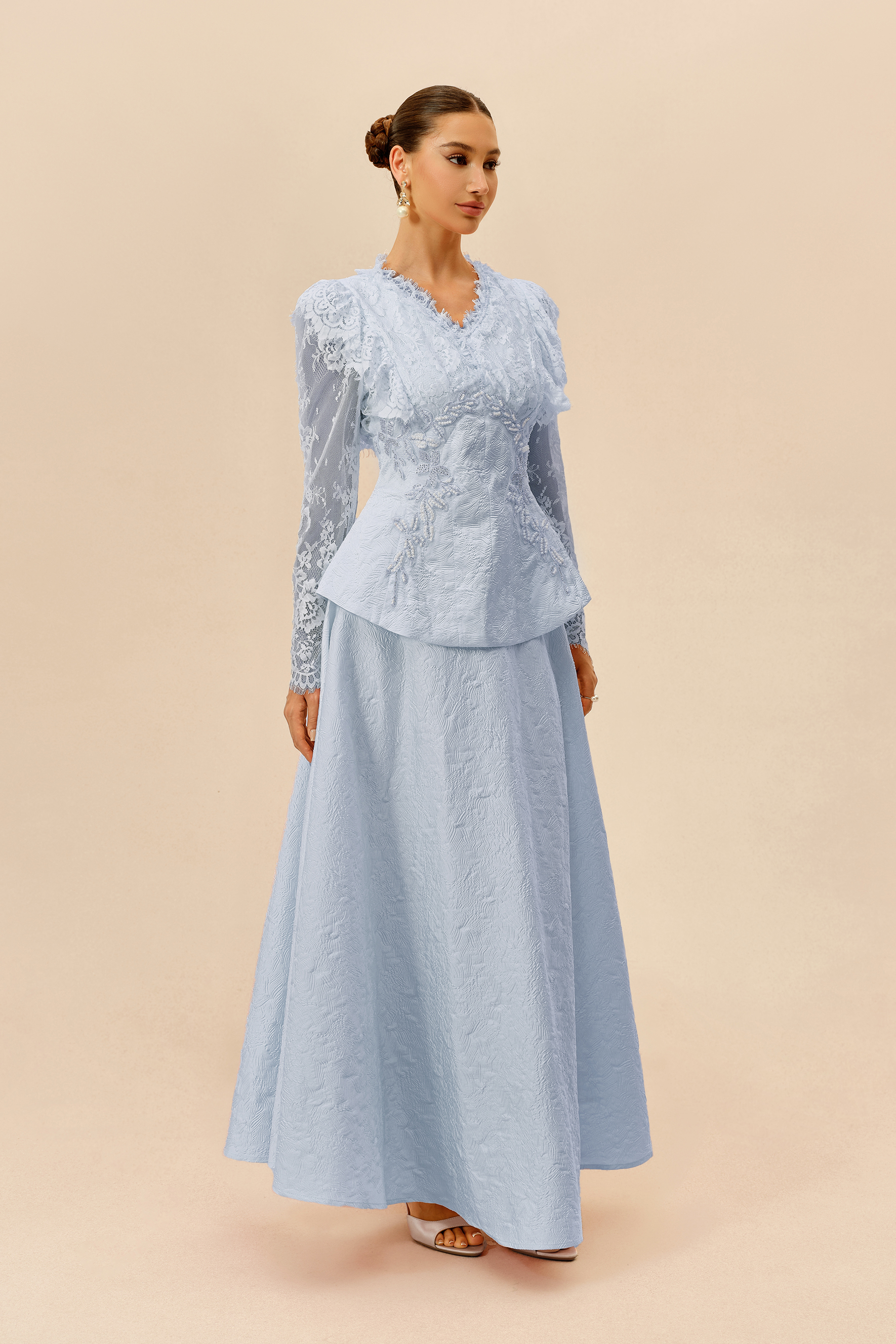 First Impression Blue Beaded Embroidery Jacket & Skirt Set