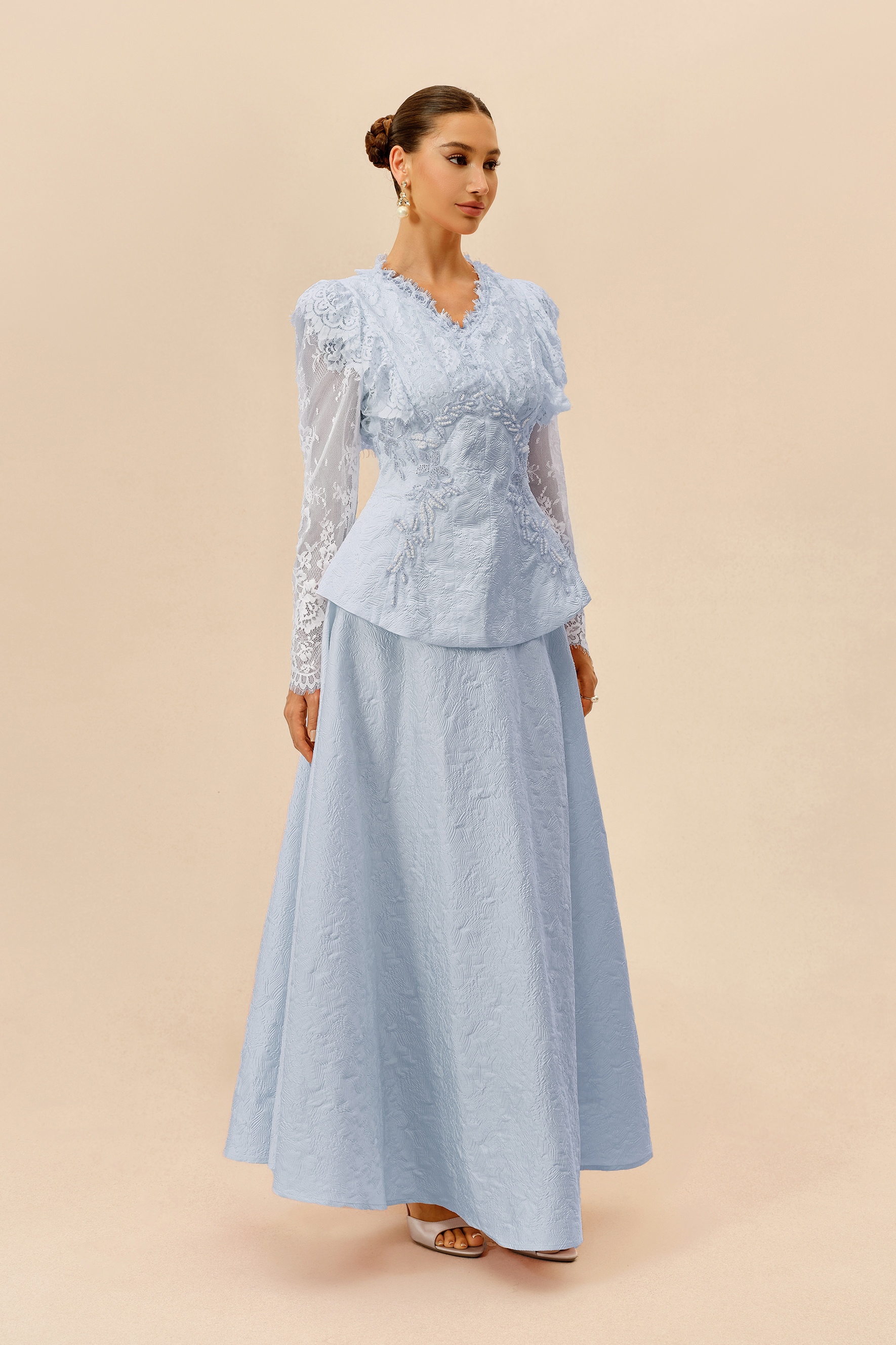 First Impression Blue Beaded Embroidery Jacket & Skirt Set