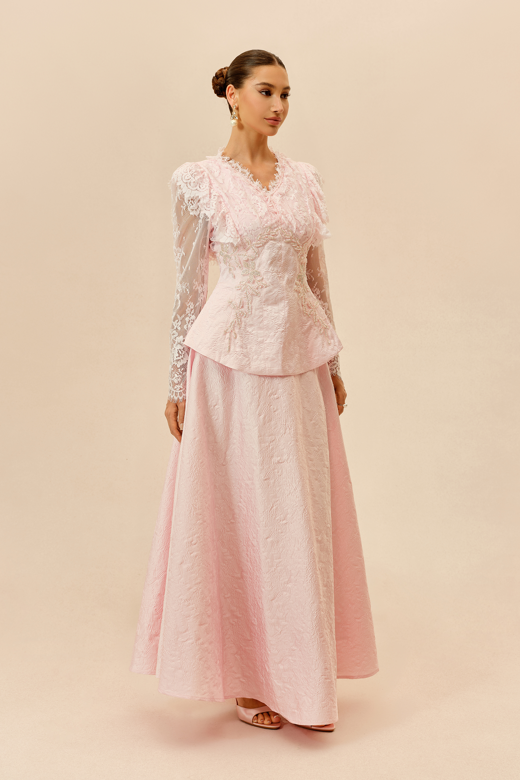 First Impression Pink Beaded Embroidery Jacket & Skirt Set