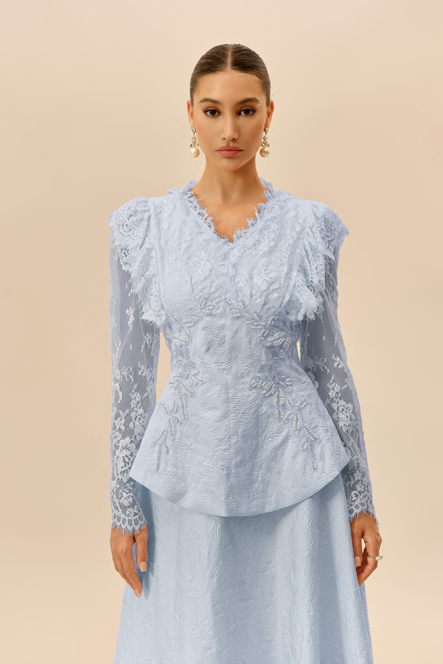 First Impression Blue Beaded Embroidery Jacket & Skirt Set