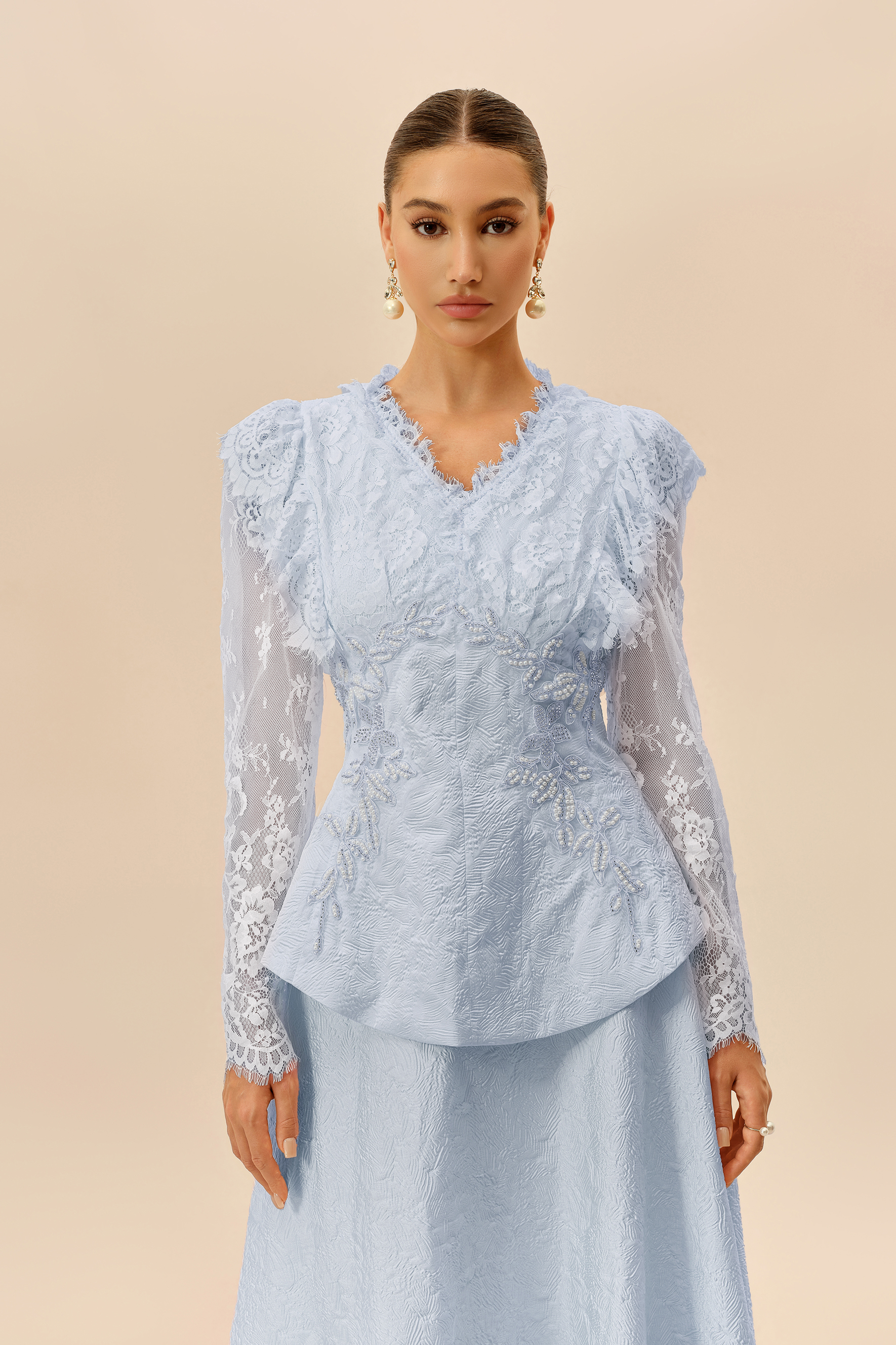 First Impression Blue Beaded Embroidery Jacket & Skirt Set