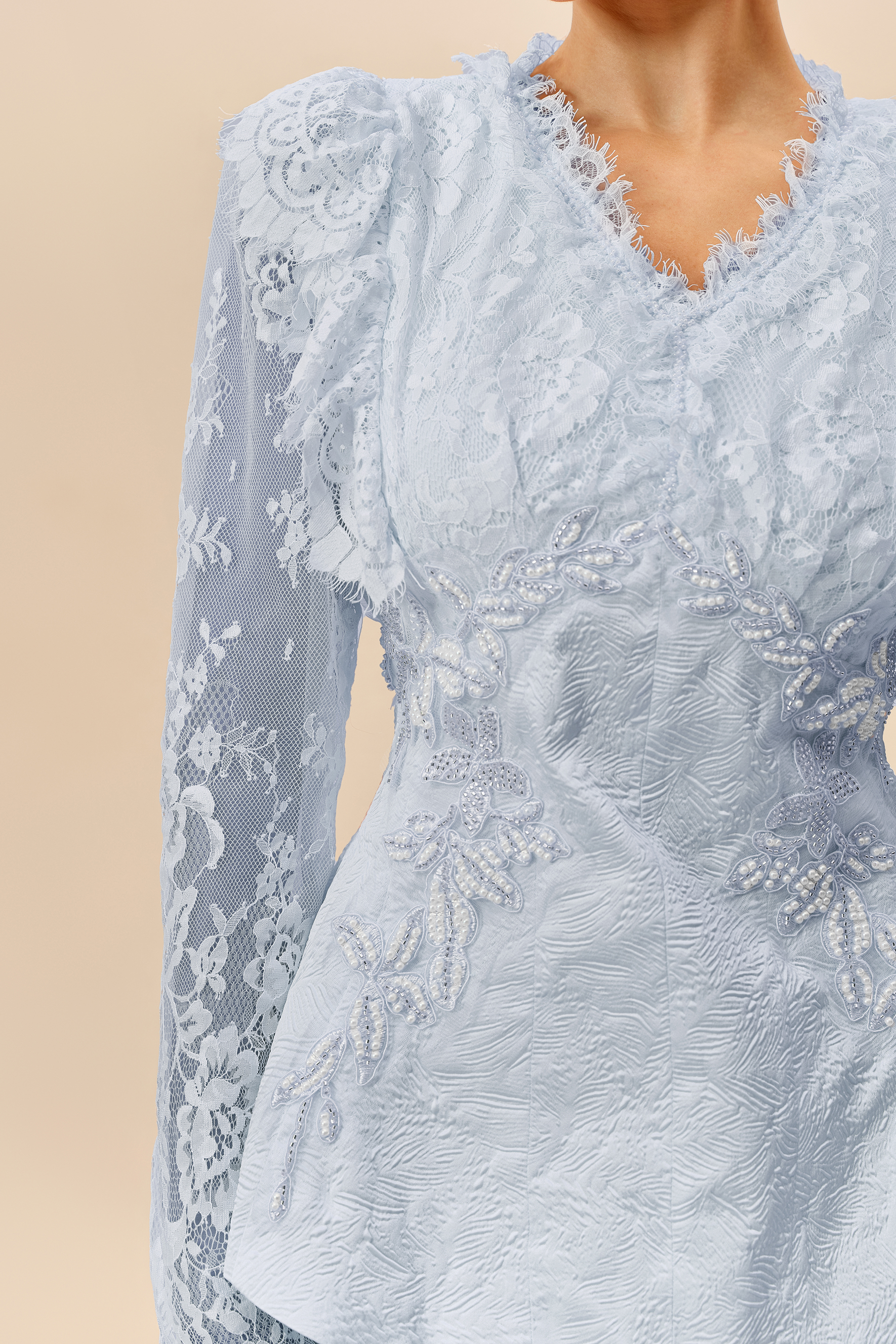 First Impression Blue Beaded Embroidery Jacket & Skirt Set