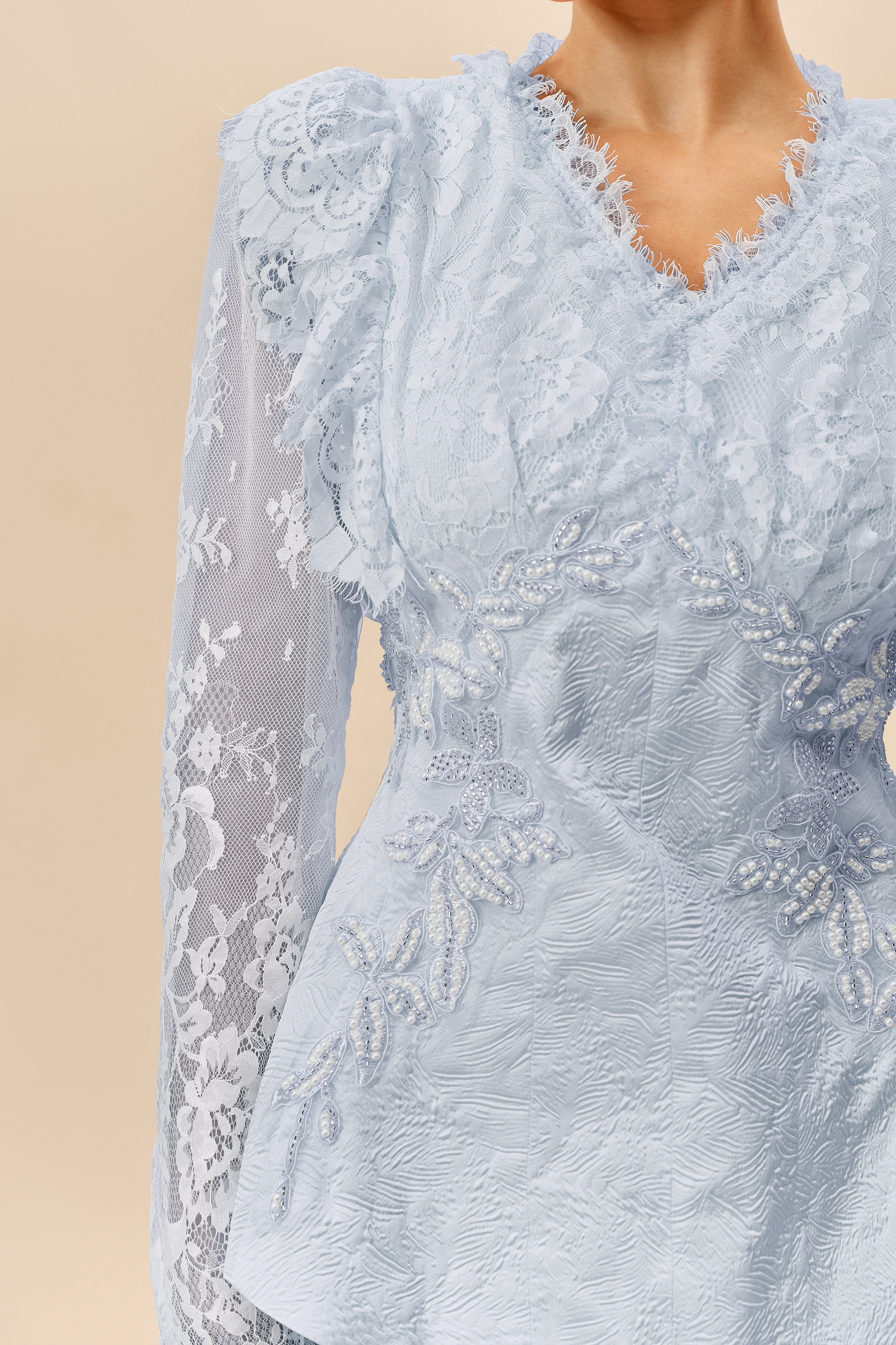 First Impression Blue Beaded Embroidery Jacket & Skirt Set