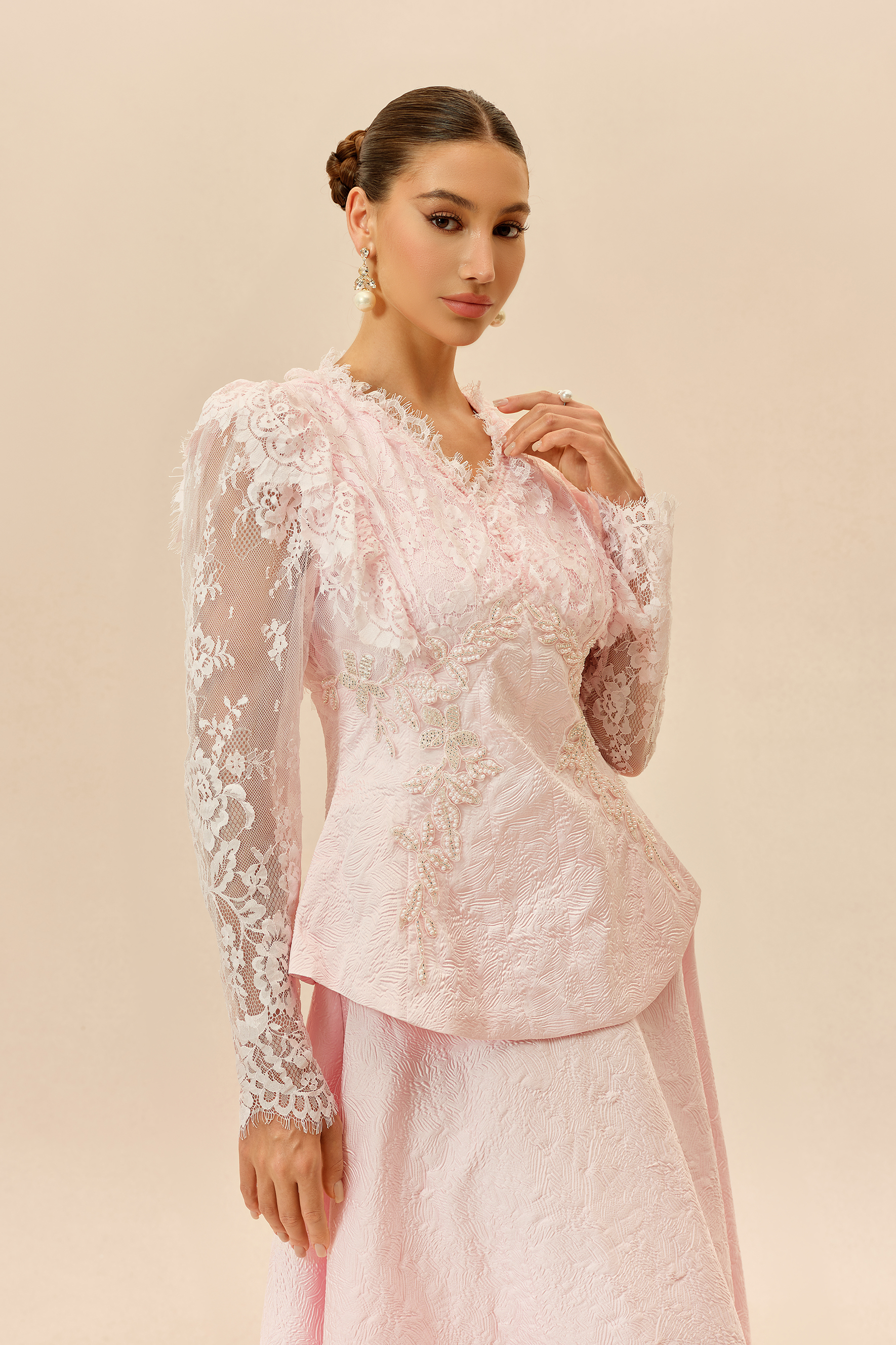 First Impression Pink Beaded Embroidery Jacket & Skirt Set