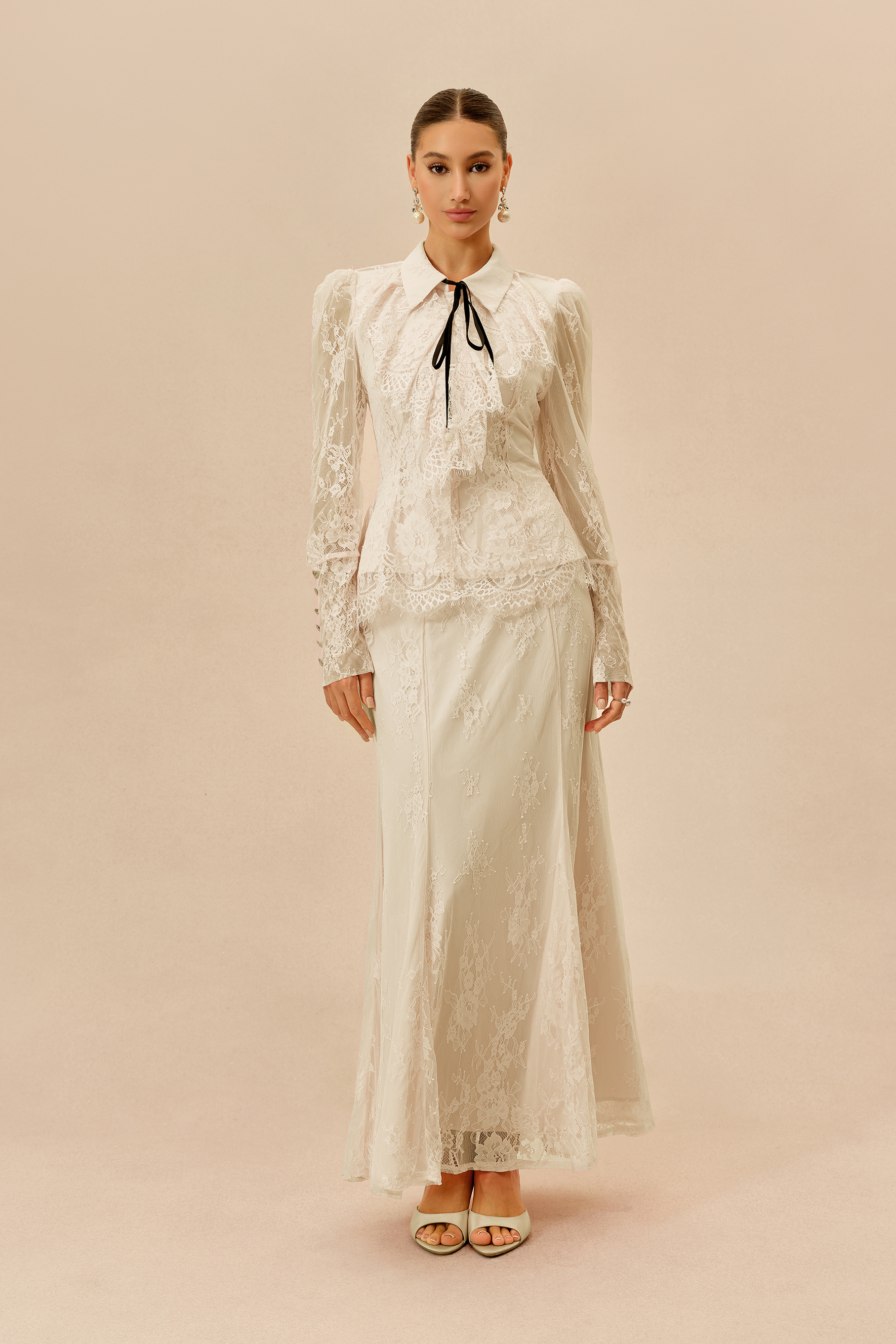 Romantic Essence Apricot Shirt Collar Lace Top & Skirt Set