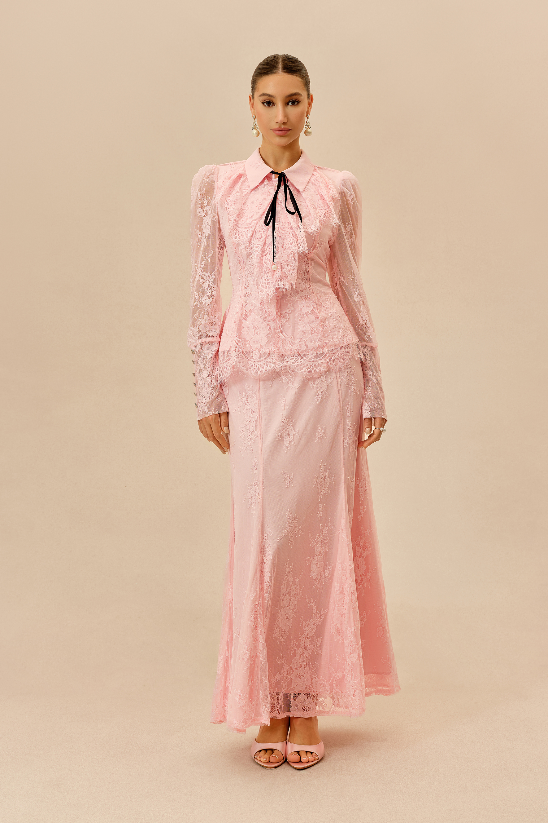 Romantic Essence Pink Shirt Collar Lace Top & Skirt Set