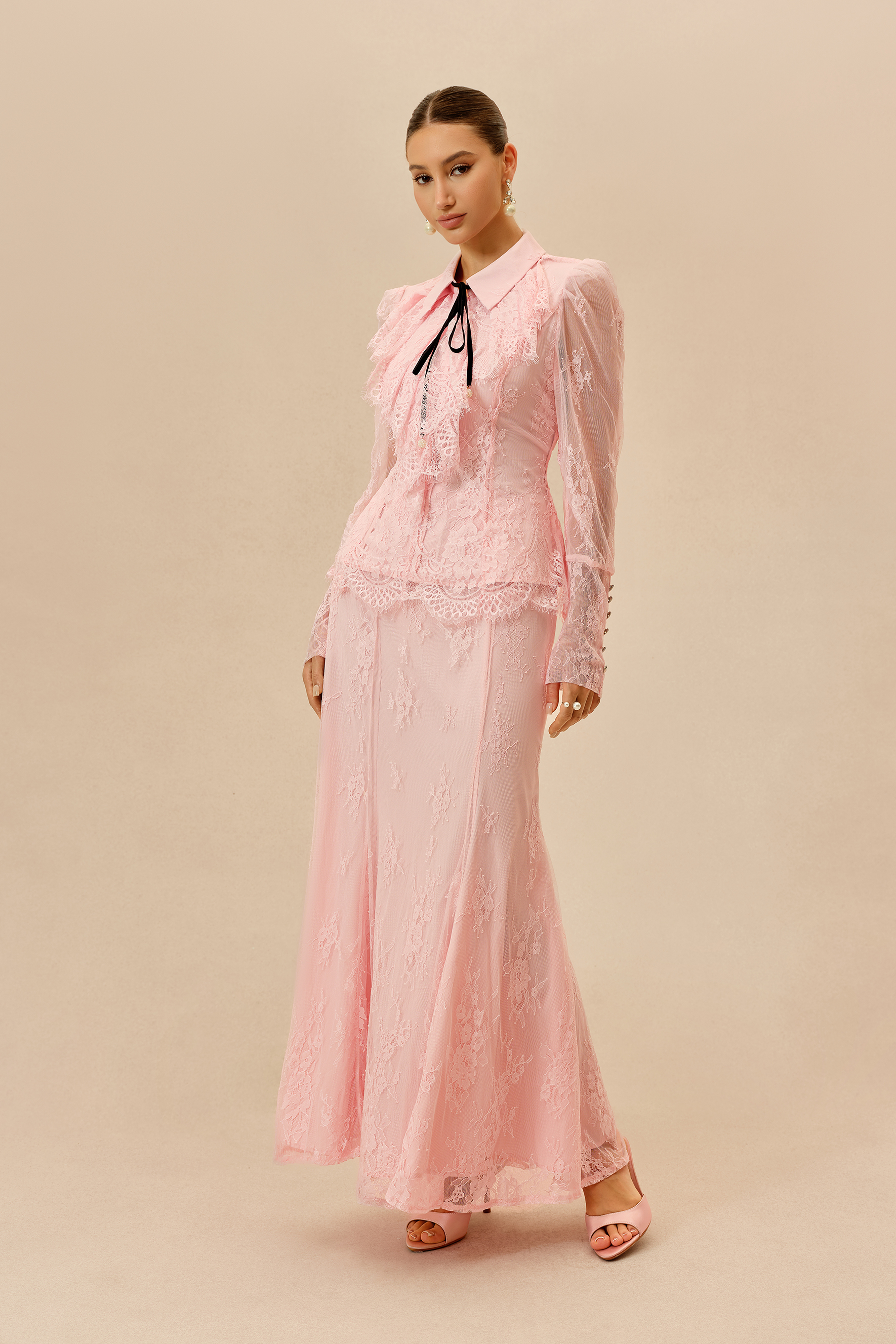 Romantic Essence Pink Shirt Collar Lace Top & Skirt Set