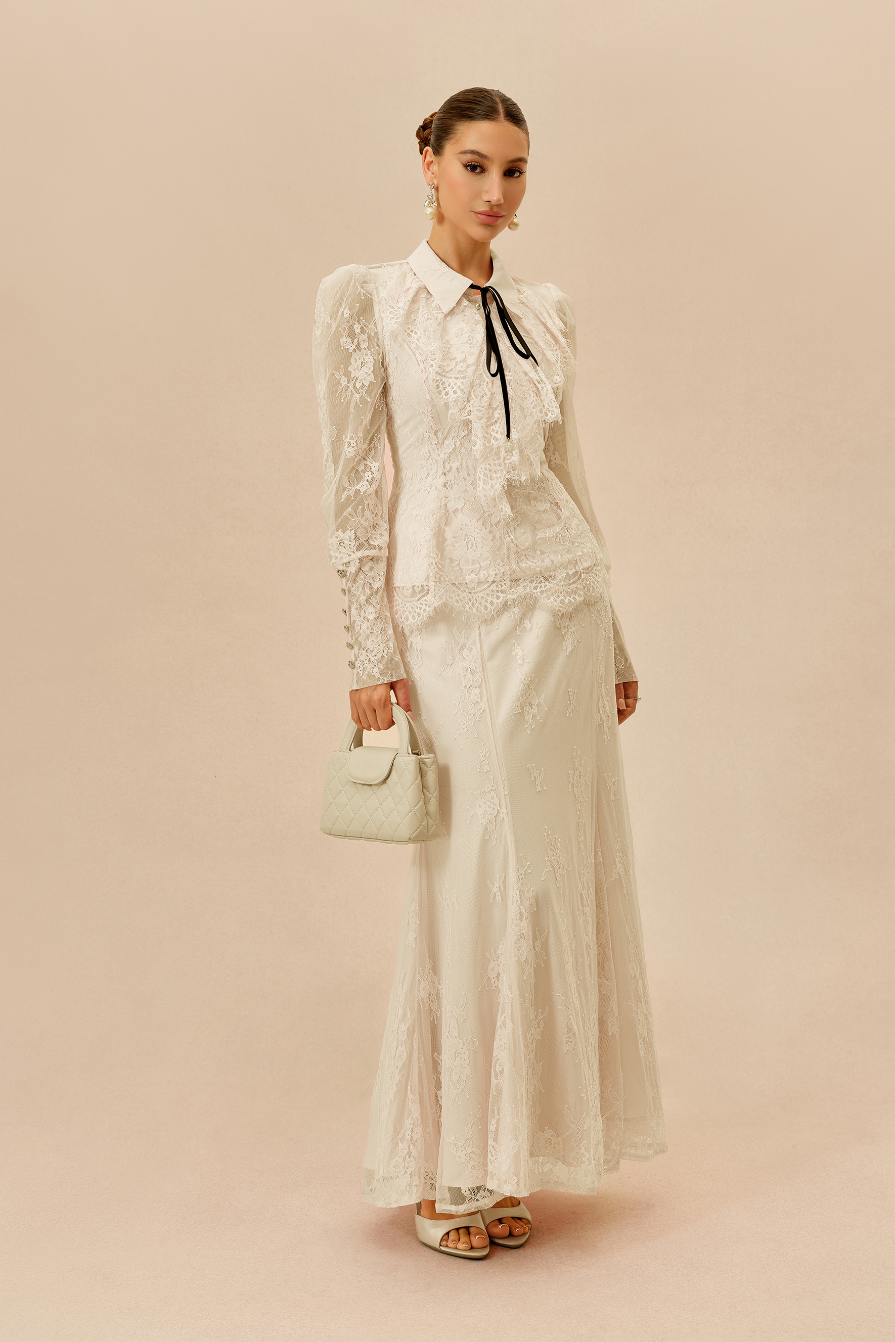 Romantic Essence Apricot Shirt Collar Lace Top & Skirt Set