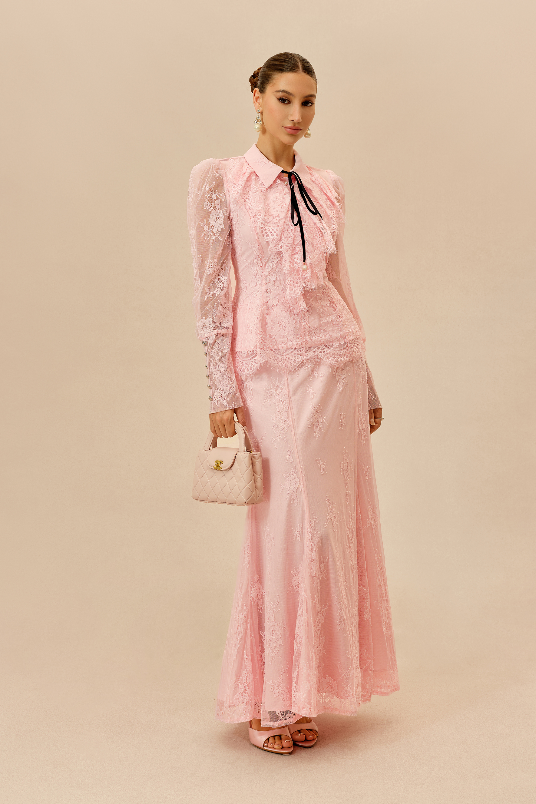 Romantic Essence Pink Shirt Collar Lace Top & Skirt Set