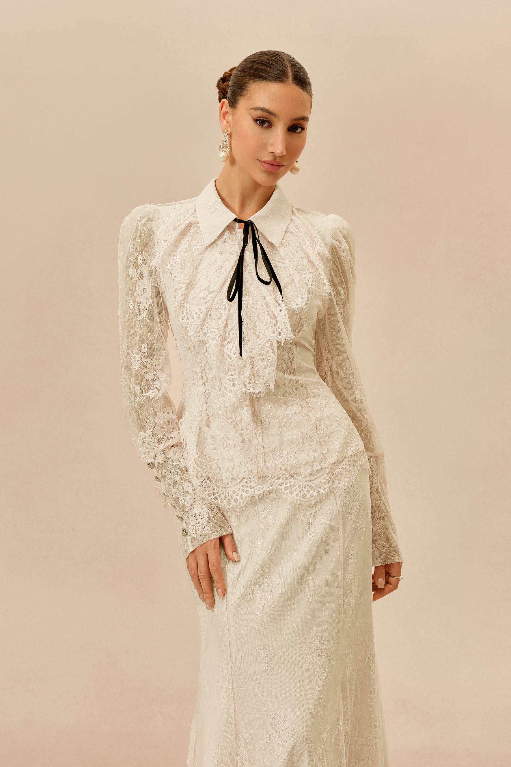 Romantic Essence Apricot Shirt Collar Lace Top & Skirt Set