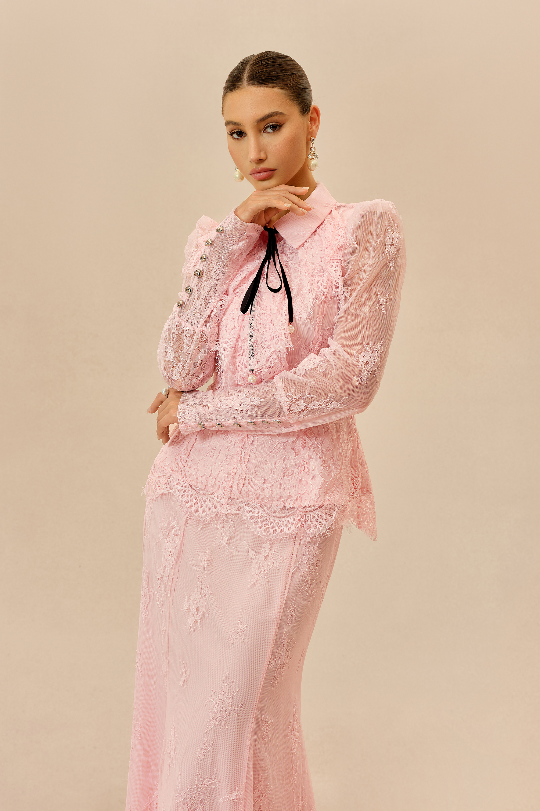 Romantic Essence Pink Shirt Collar Lace Top & Skirt Set