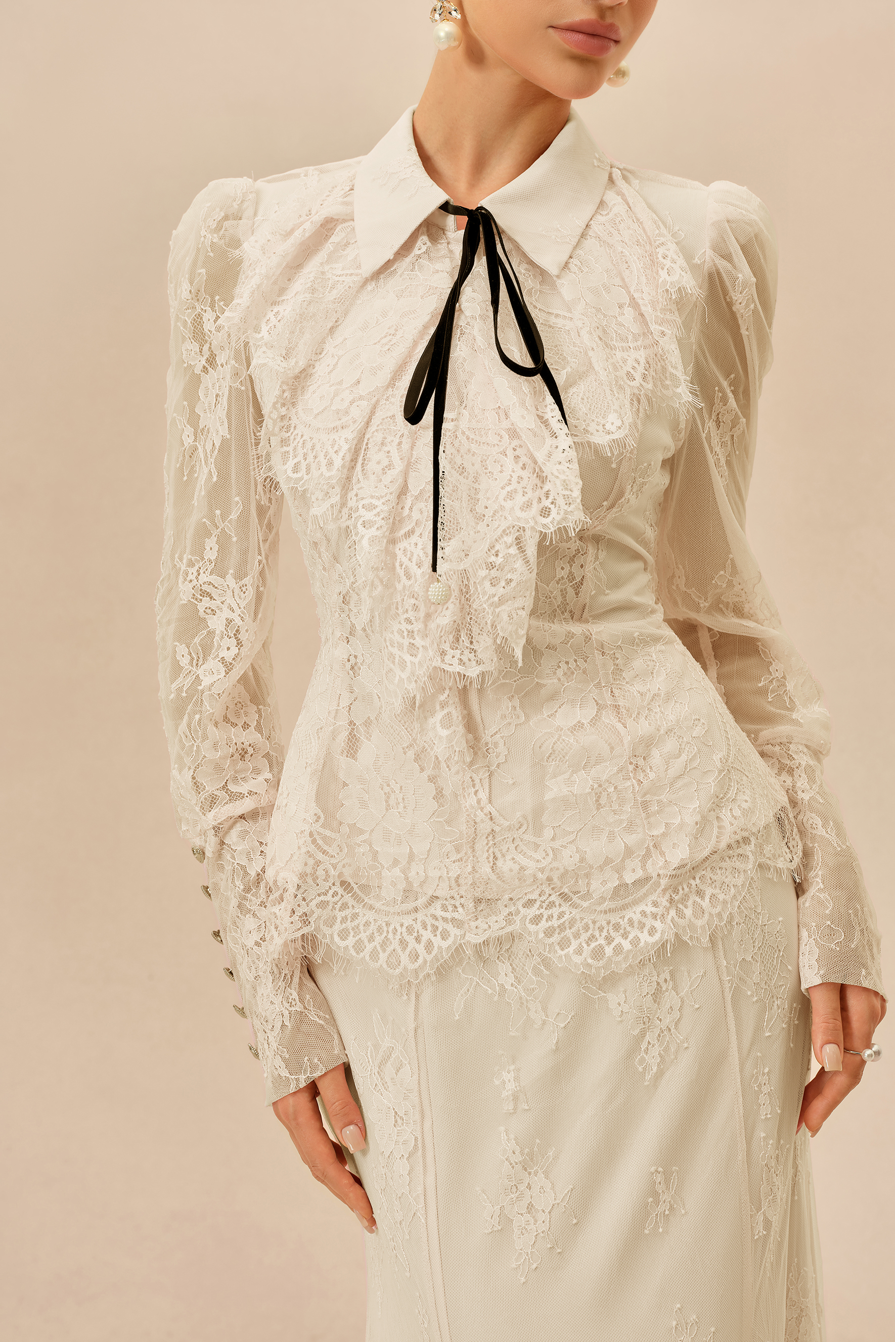 Romantic Essence Apricot Shirt Collar Lace Top & Skirt Set