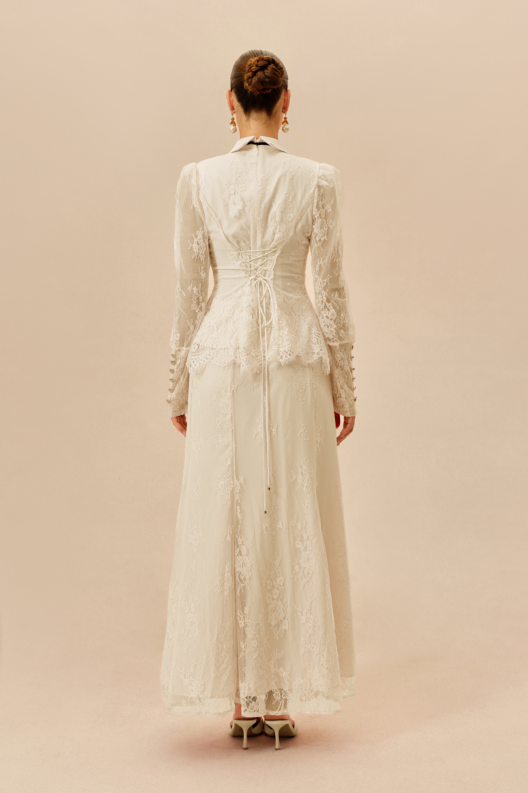 Romantic Essence Apricot Shirt Collar Lace Top & Skirt Set