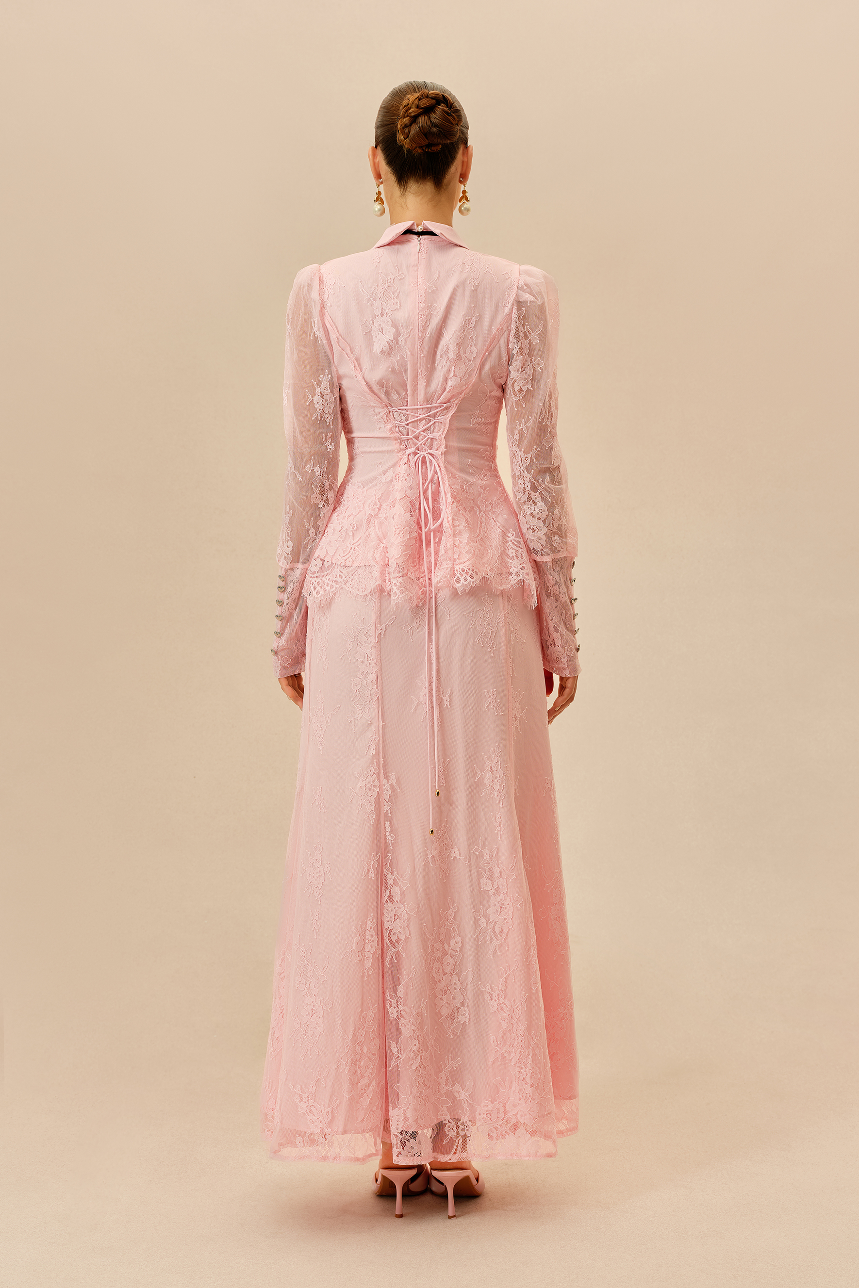 Romantic Essence Pink Shirt Collar Lace Top & Skirt Set
