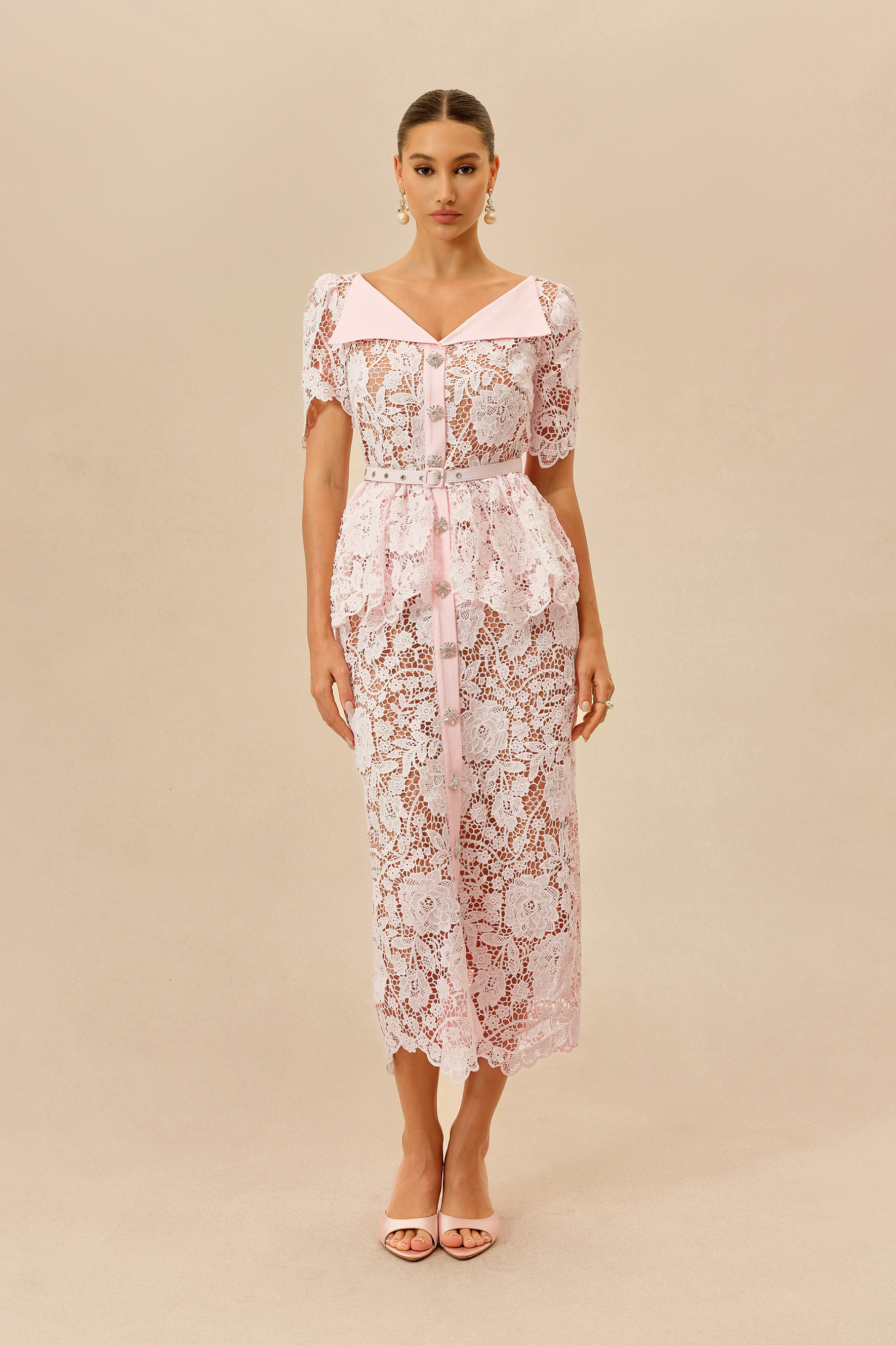 Date Night Beauty Pink Floral Lace V-neck Midi Dress