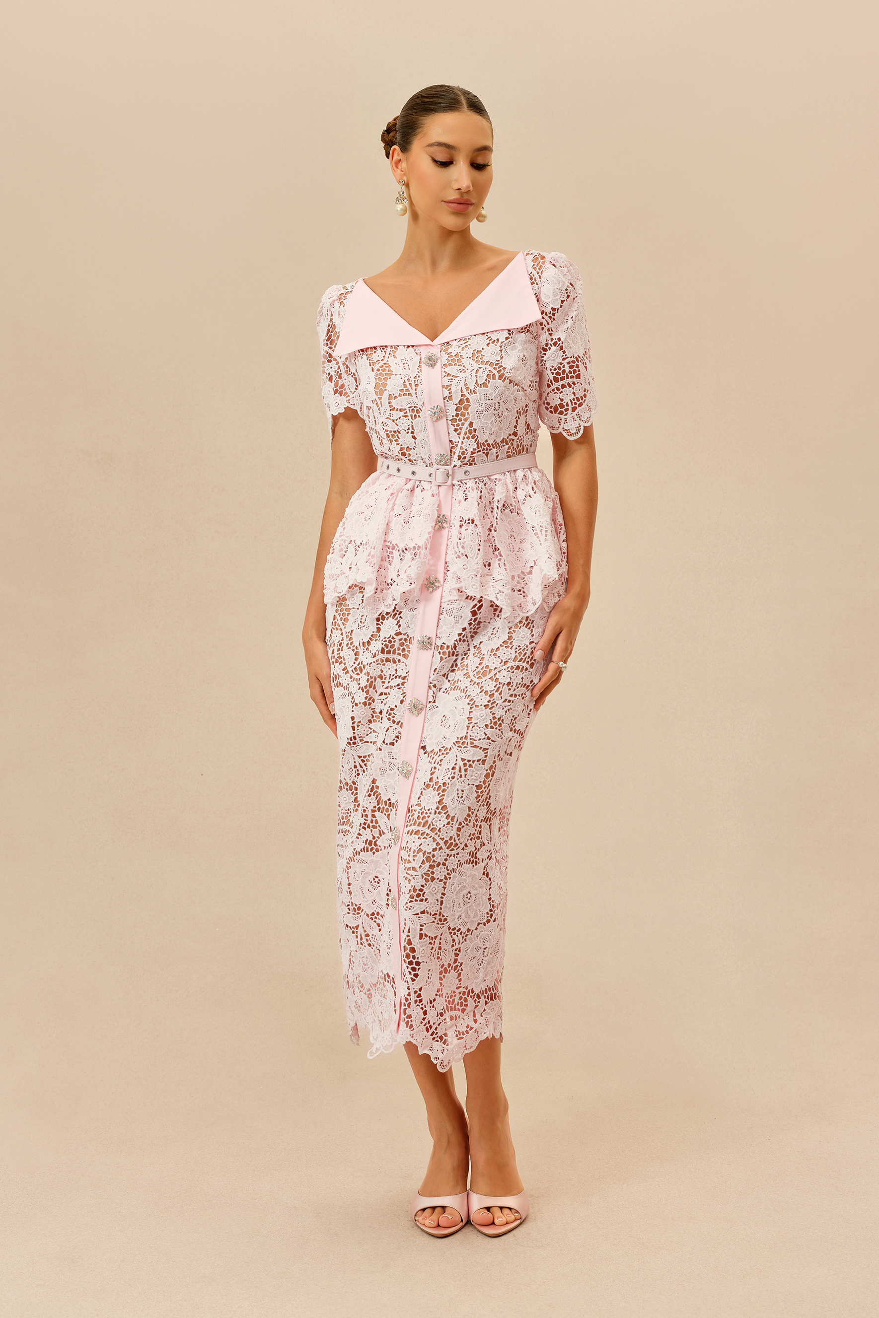 Date Night Beauty Pink Floral Lace V-neck Midi Dress