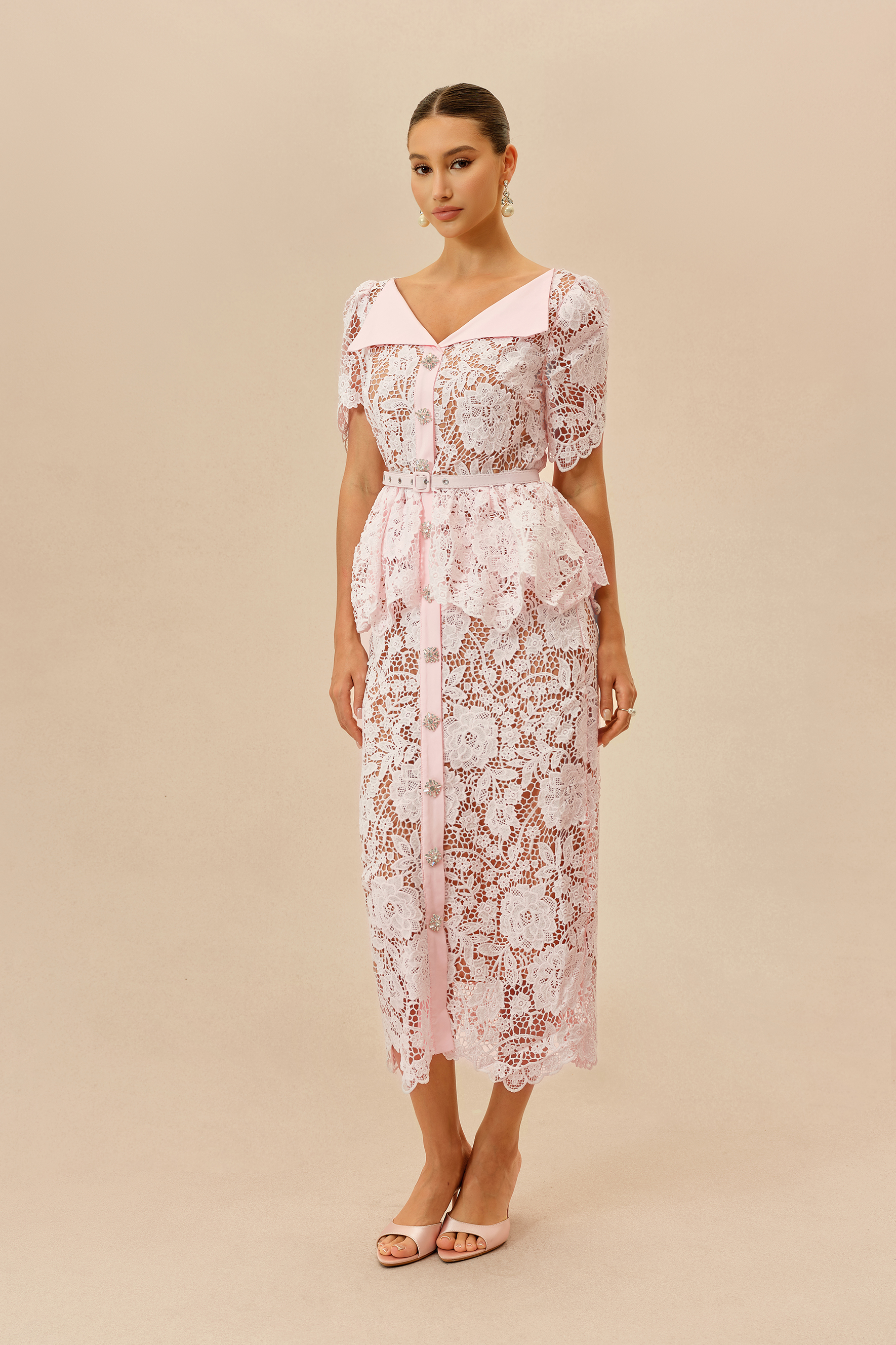 Date Night Beauty Pink Floral Lace V-neck Midi Dress