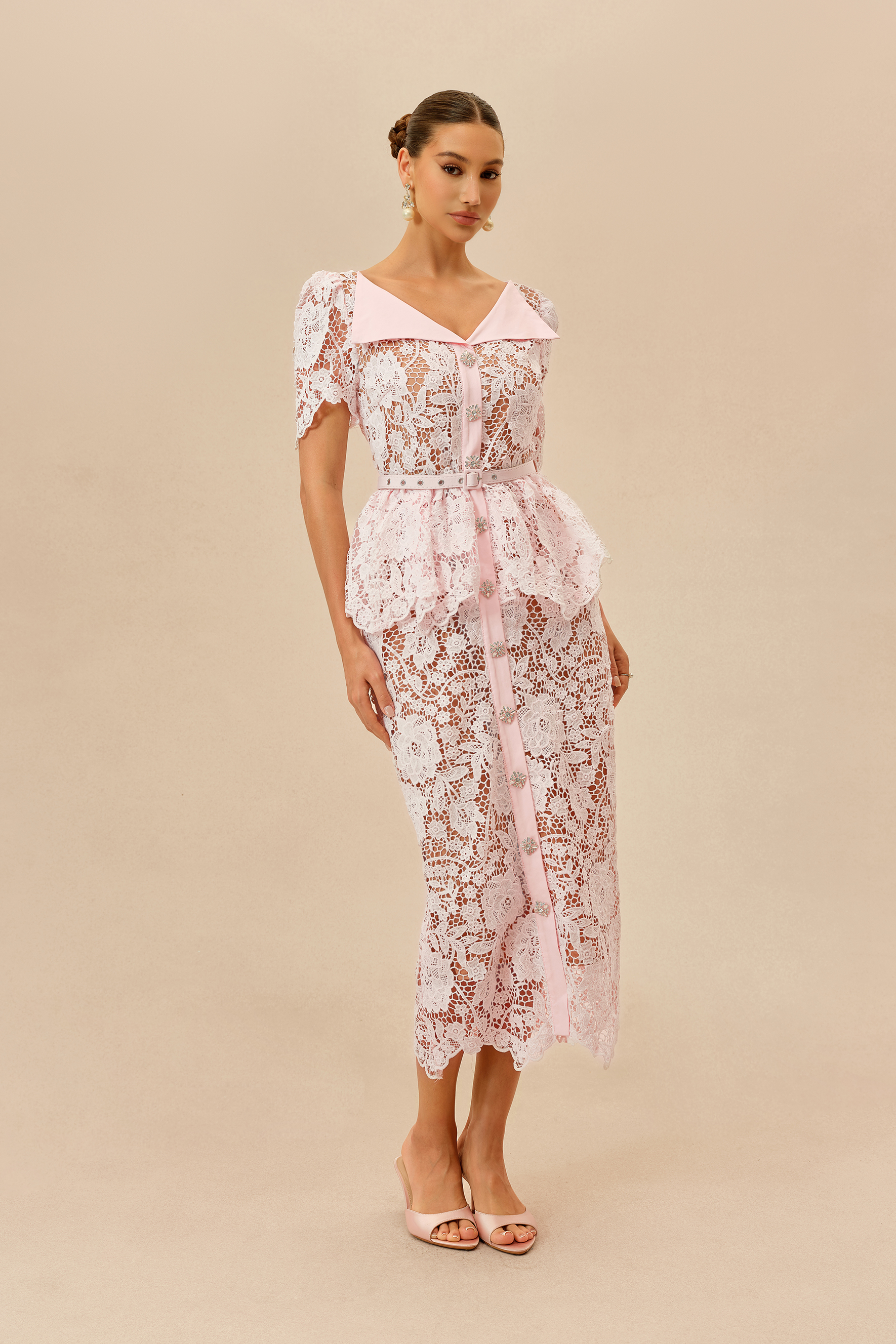 Date Night Beauty Pink Floral Lace V-neck Midi Dress
