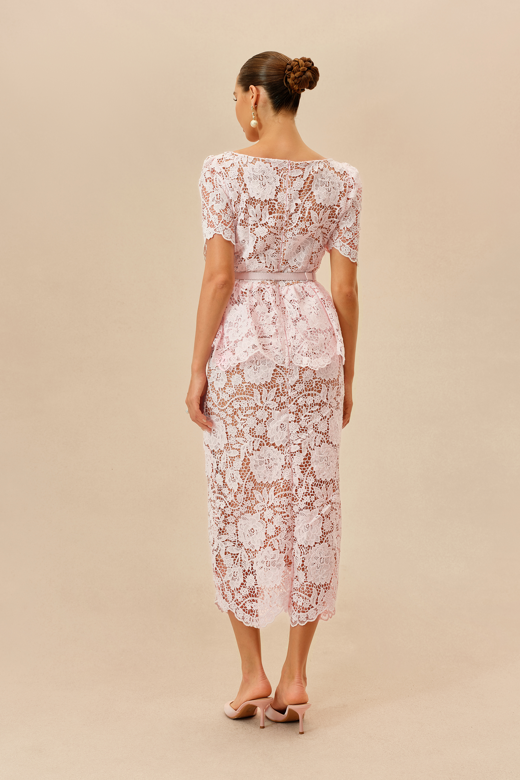 Date Night Beauty Pink Floral Lace V-neck Midi Dress