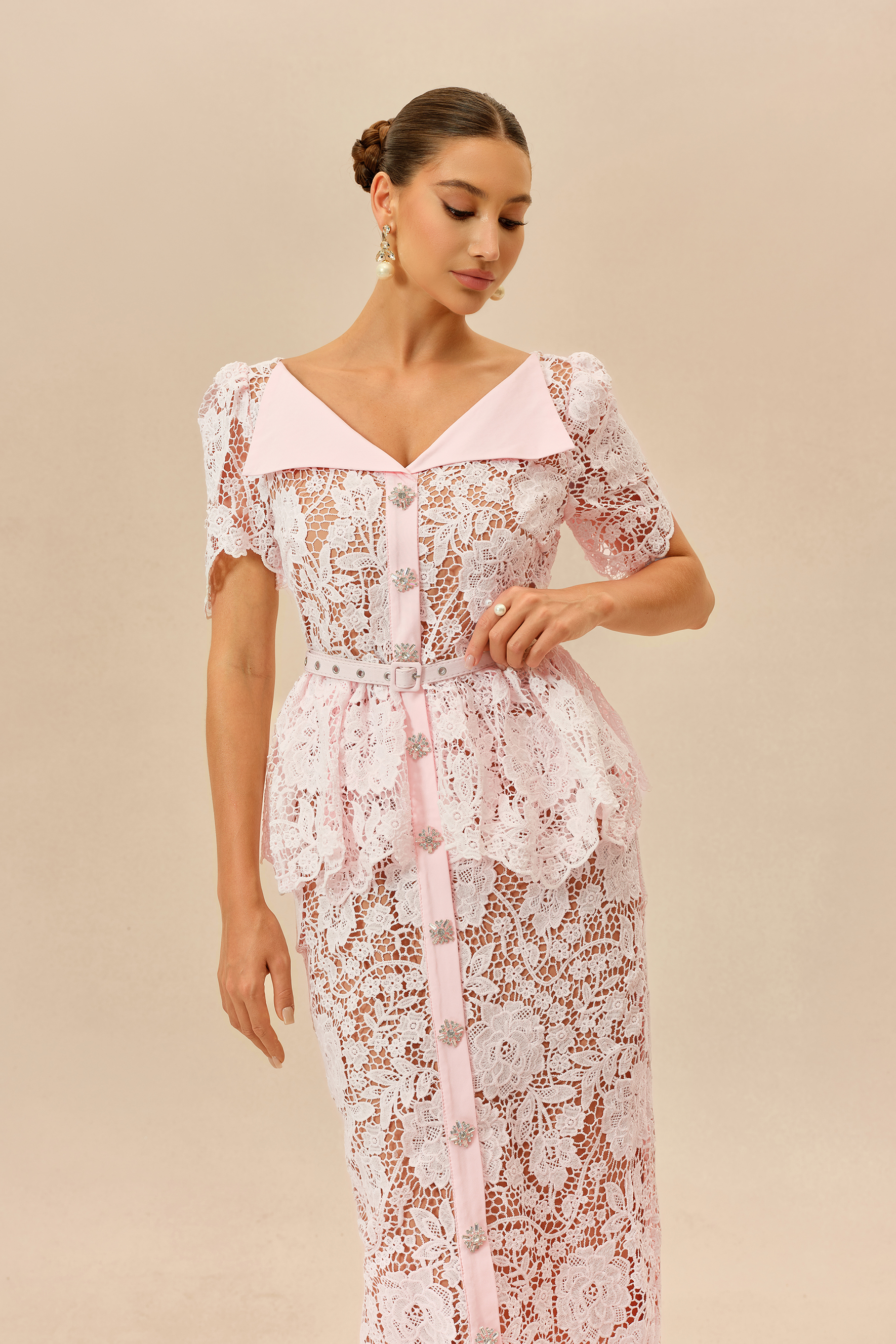 Date Night Beauty Pink Floral Lace V-neck Midi Dress