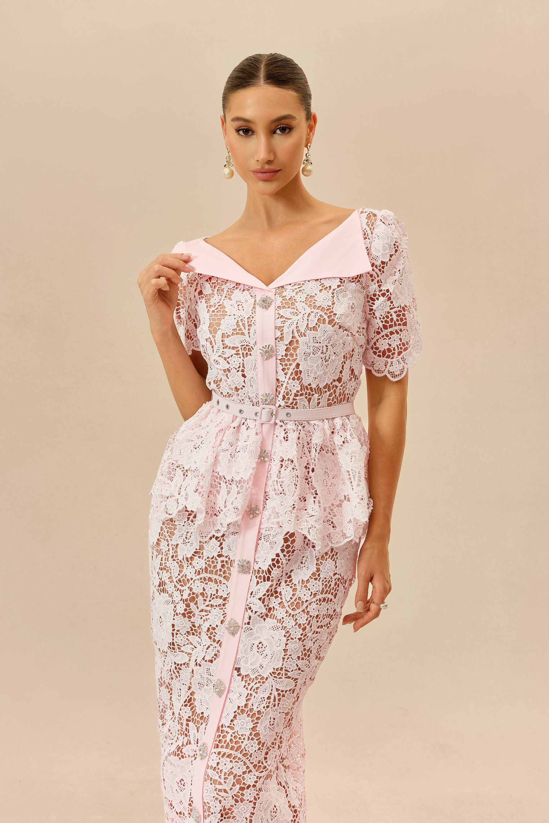 Date Night Beauty Pink Floral Lace V-neck Midi Dress
