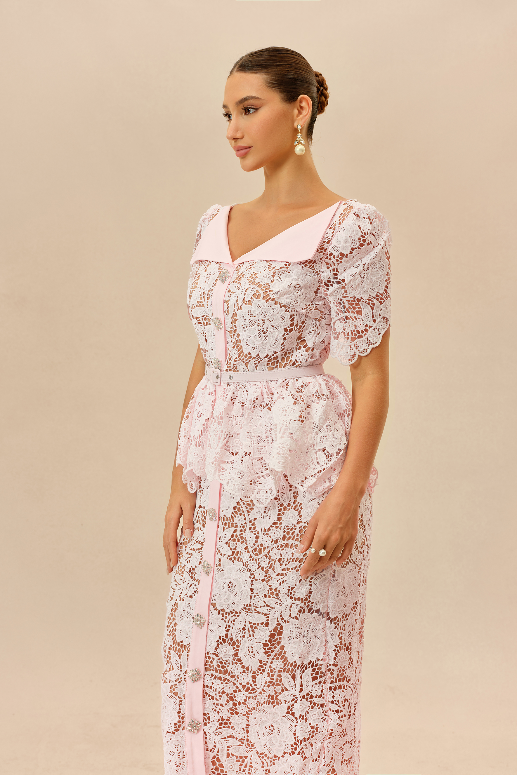 Date Night Beauty Pink Floral Lace V-neck Midi Dress