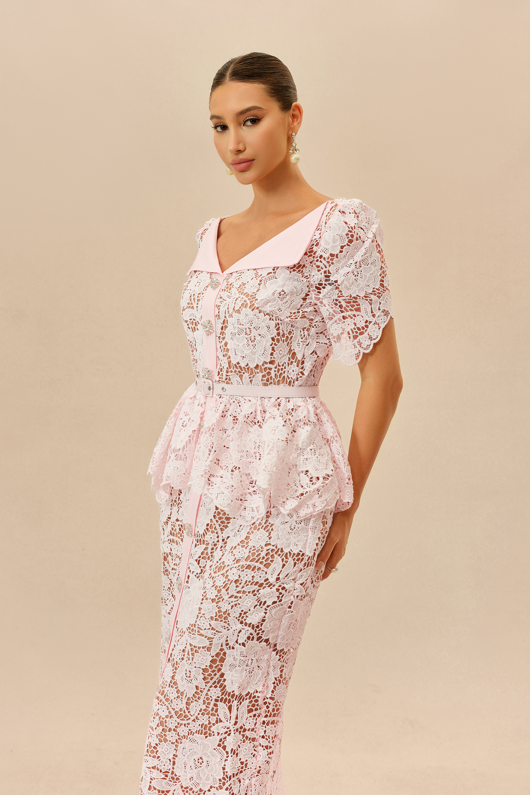 Date Night Beauty Pink Floral Lace V-neck Midi Dress