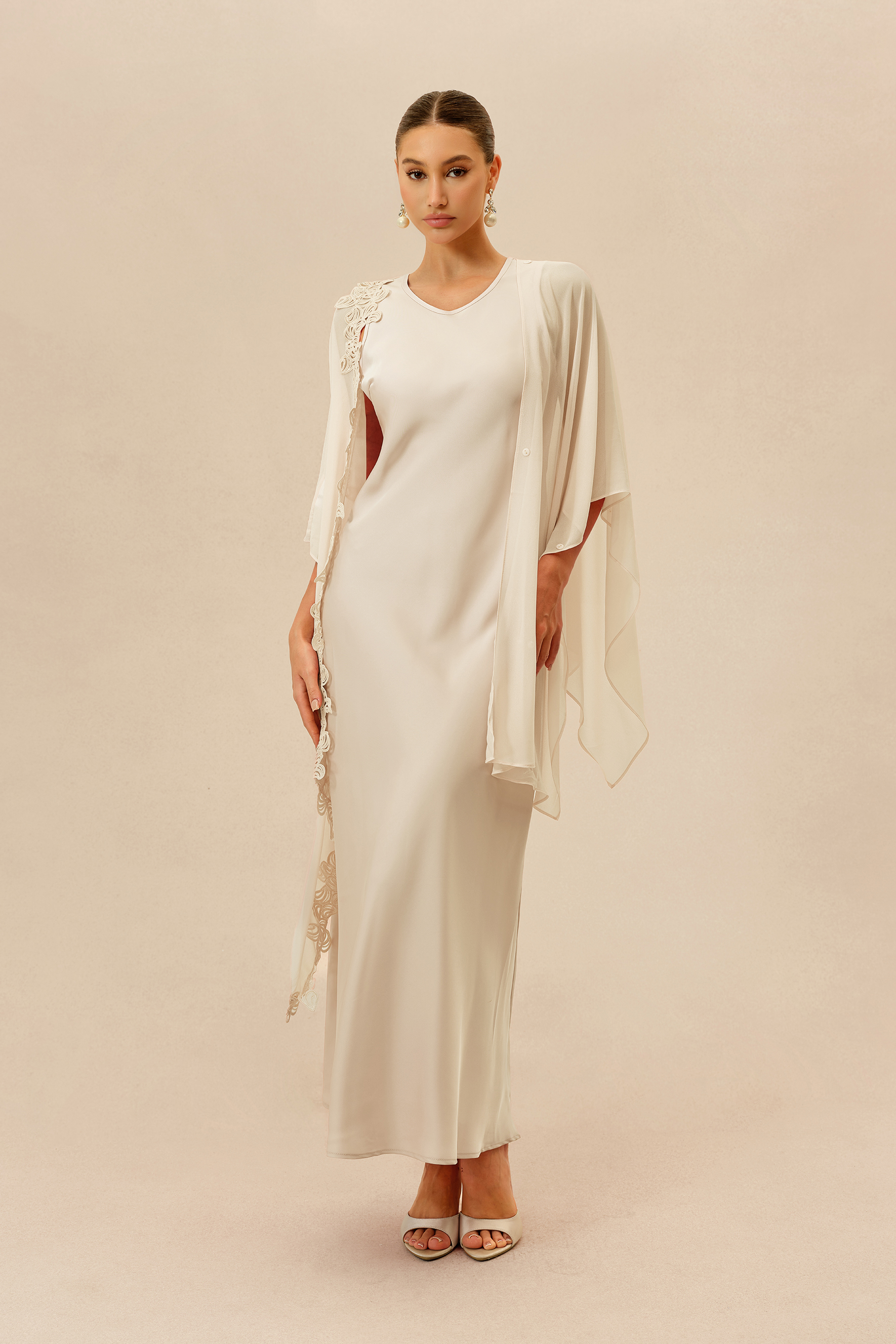 Own The Night Beige Sleeveless Maxi Dress With Embellished Cape