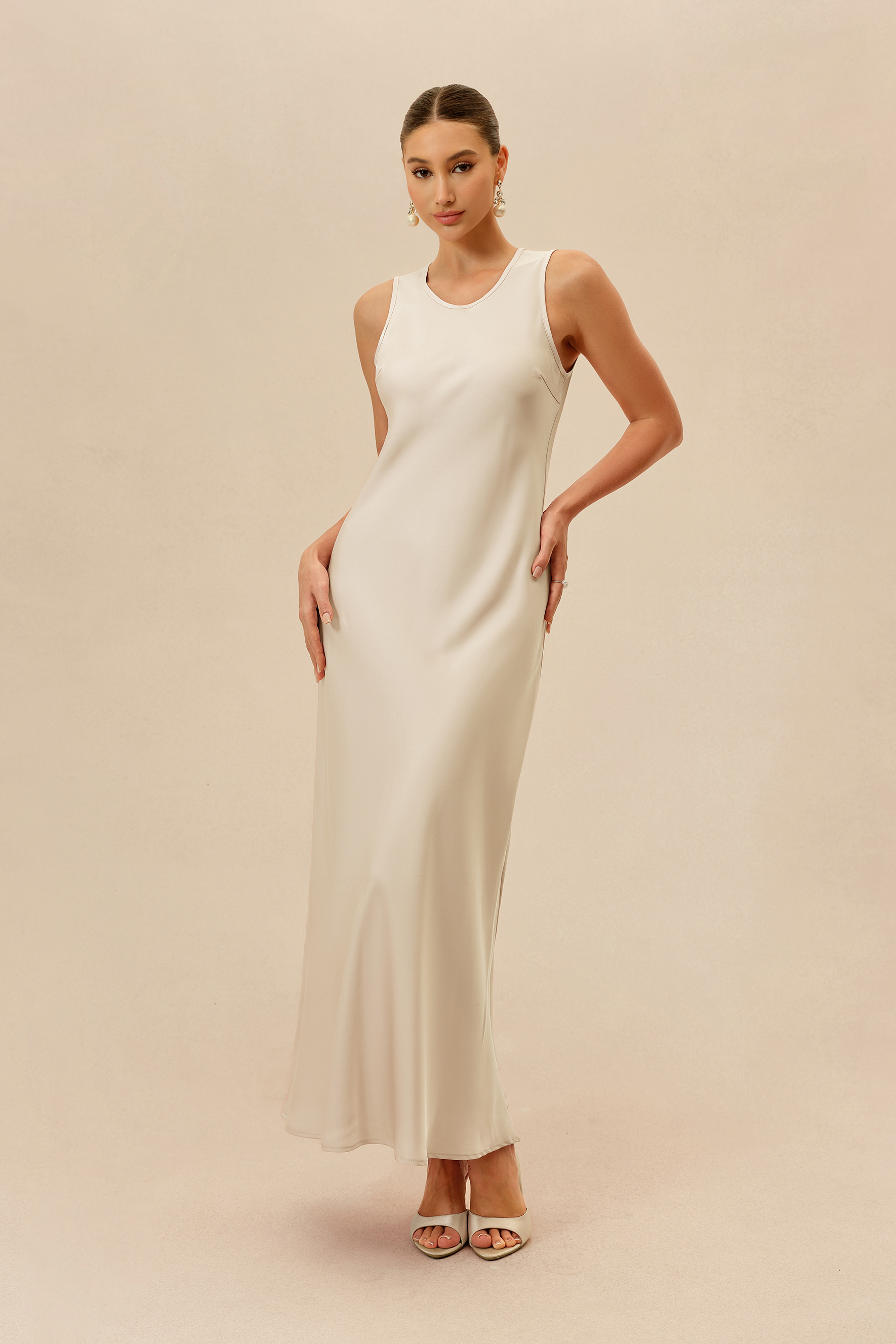 Own The Night Beige Sleeveless Maxi Dress With Embellished Cape